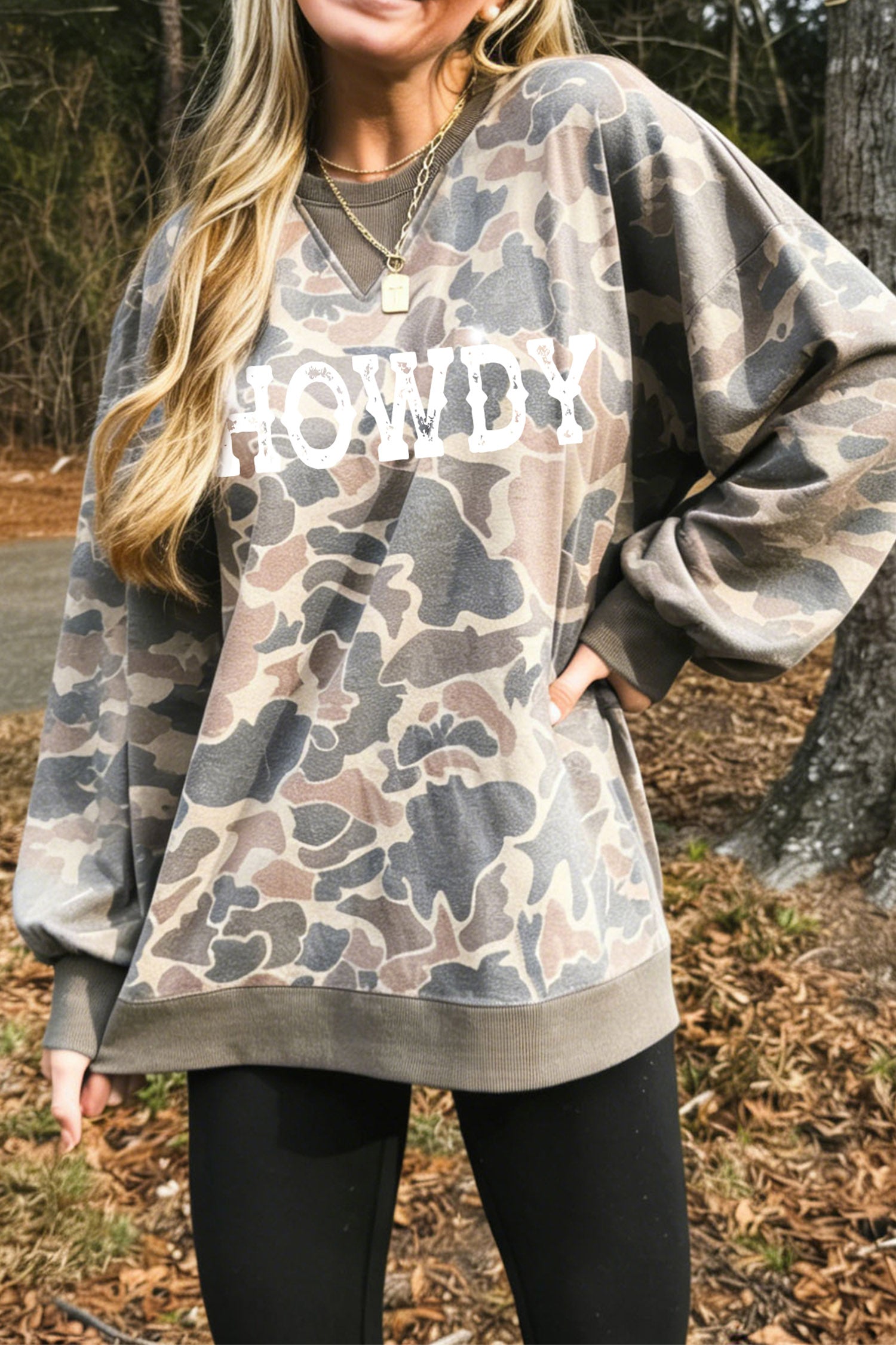 Multicolour HOWDY Graphic Camo Print Tunic Sweatshirt