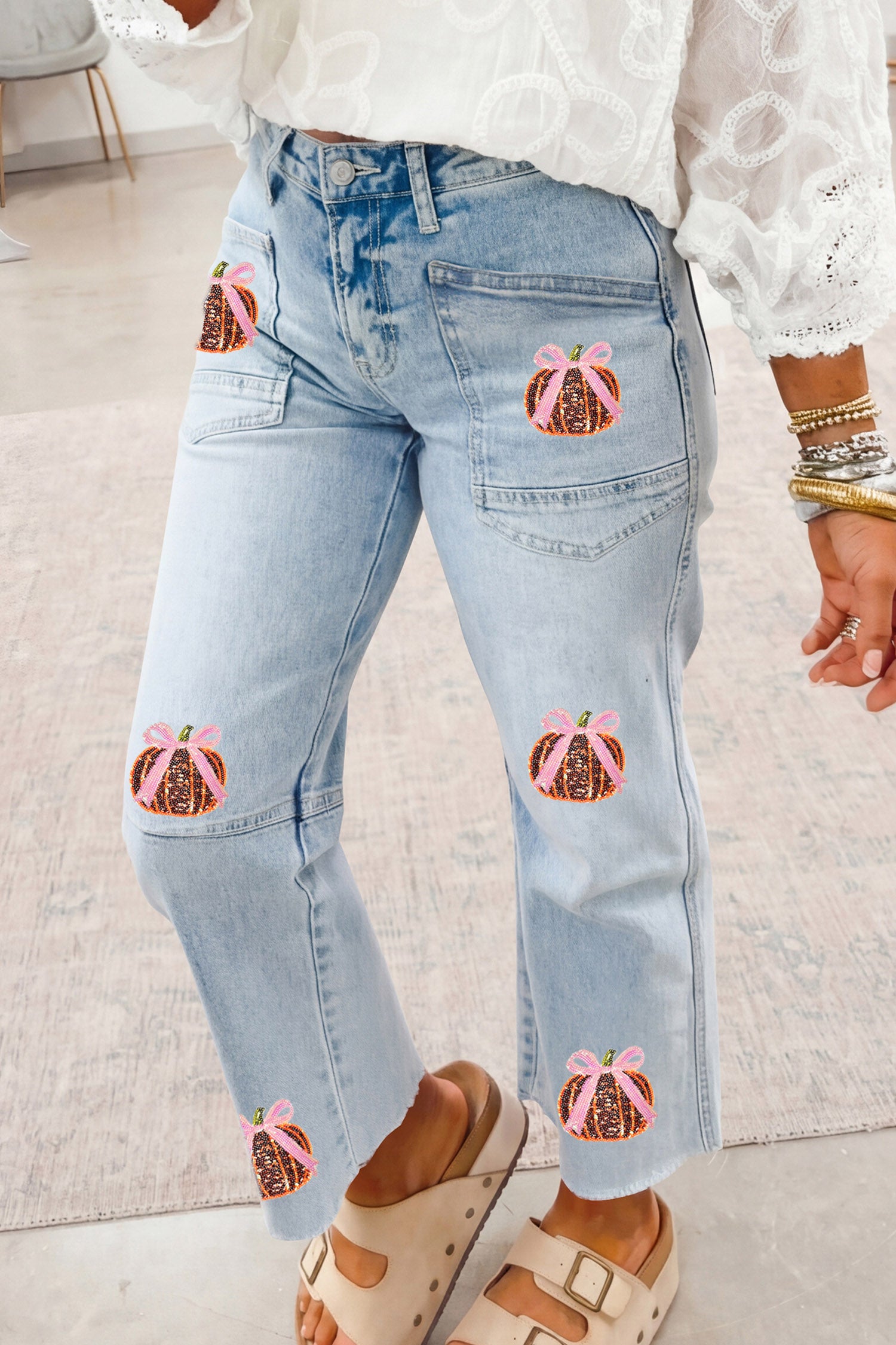 Beau Blue Sequined Pumpkin Patchwork Ankle-Length Casual Jeans