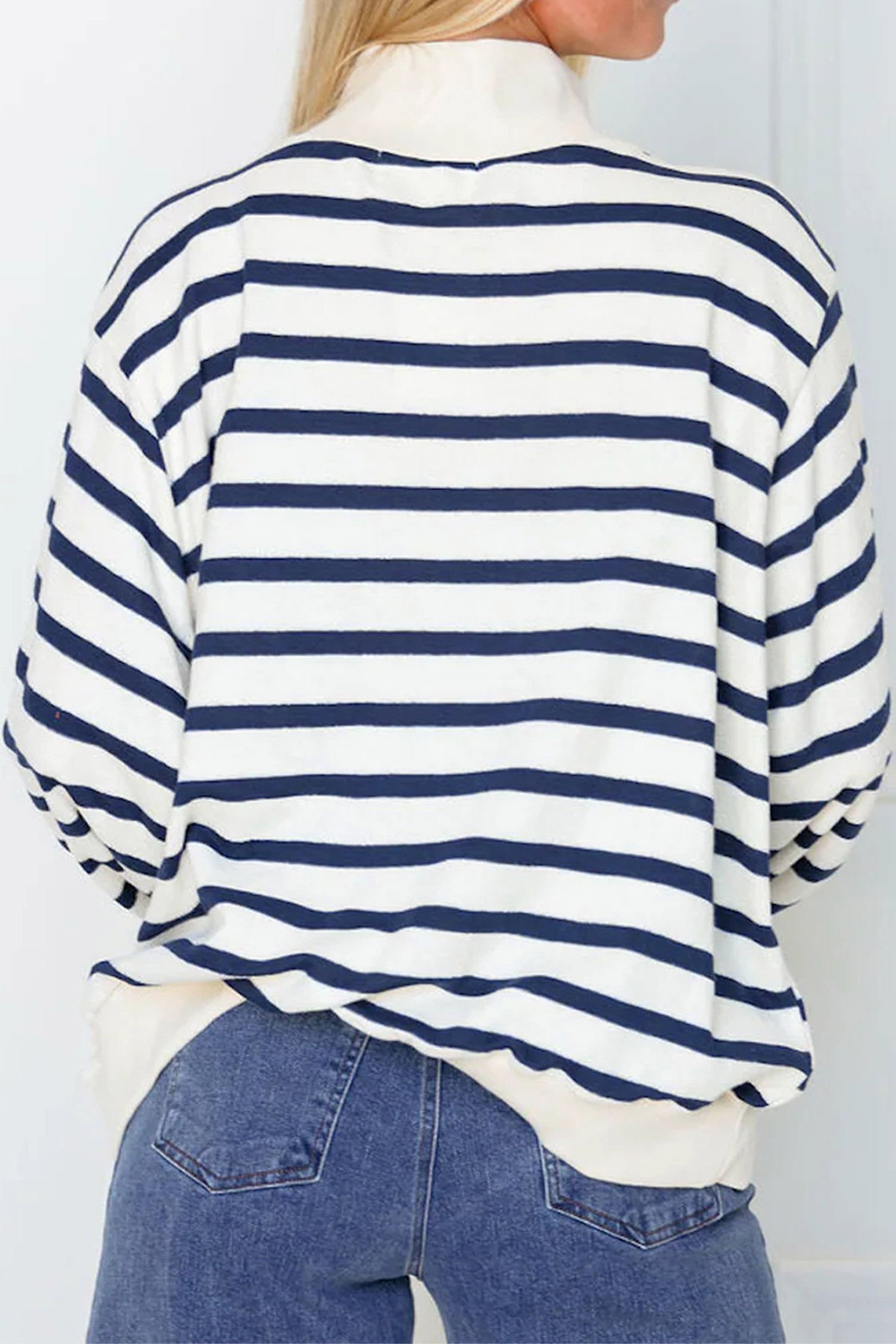 Blue Stripe Sequin Rugby Print Mock Neck Casual Sweatshirt