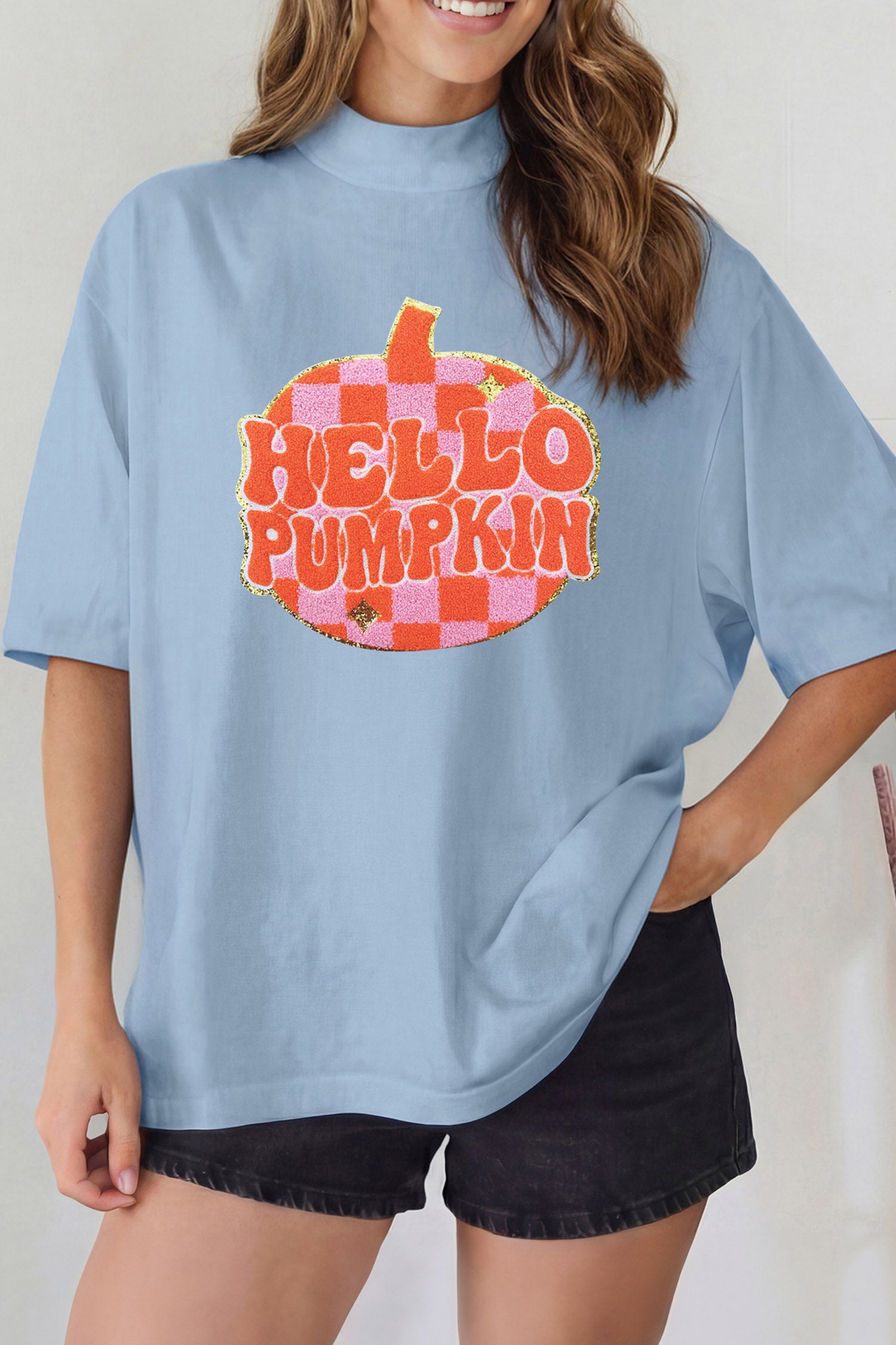 Beau Blue Chenille HELLO PUMPKIN Checkered Graphic High Neck T Shirt