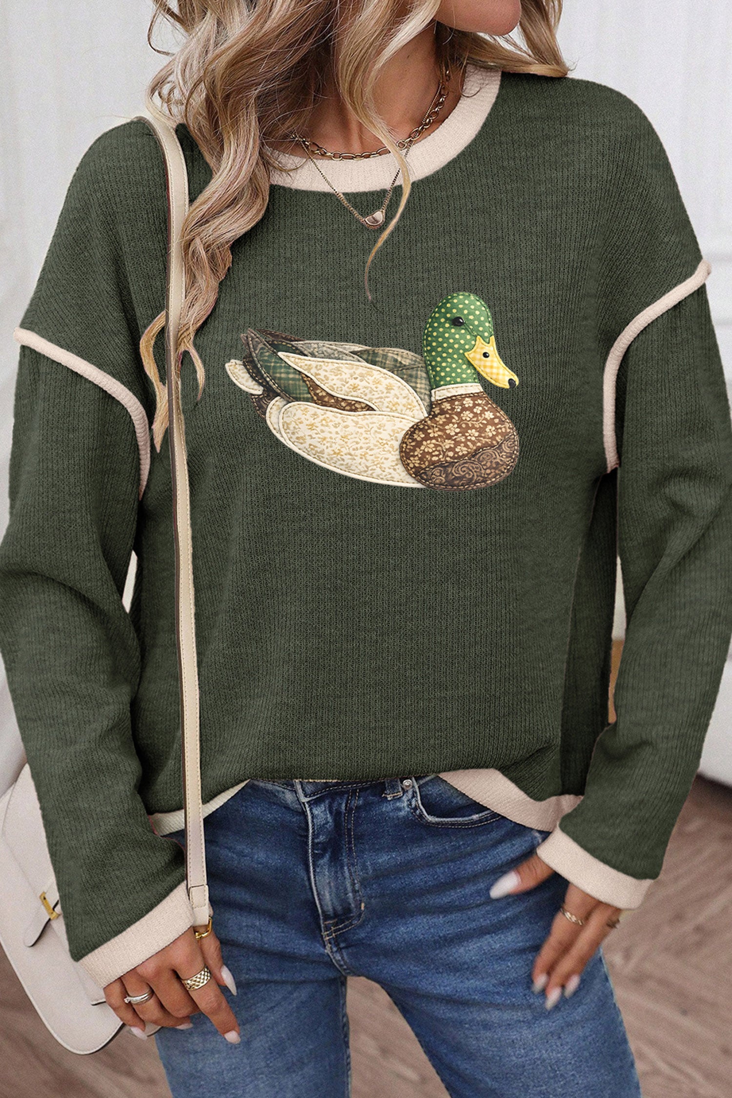Four Leaf Clover Mallard Duck Graphic Contrast Trim Patchwork Casual Knit Top