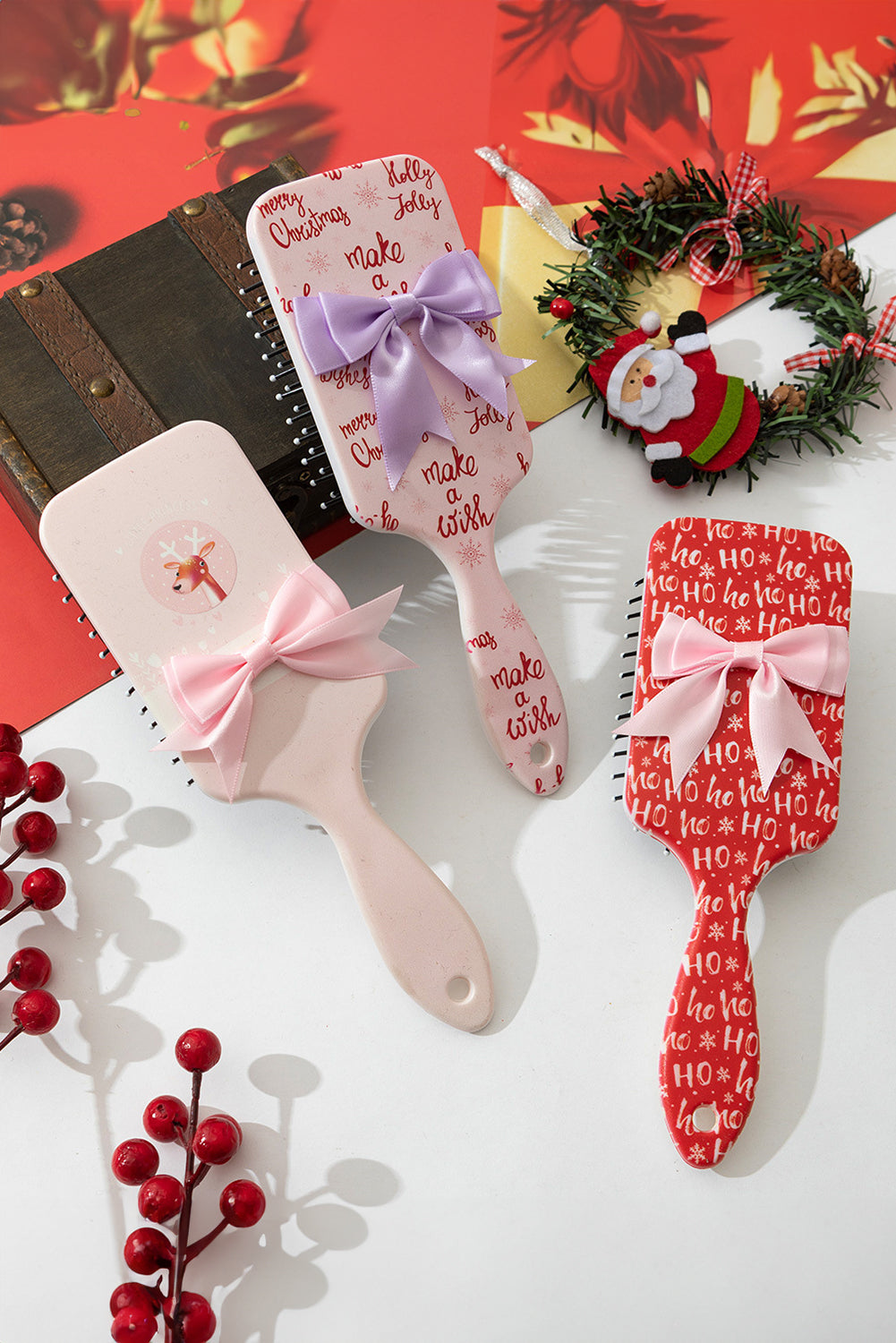 Pink Christmas Letter Print Ribbon Bow Decor Scalp Massage Comb