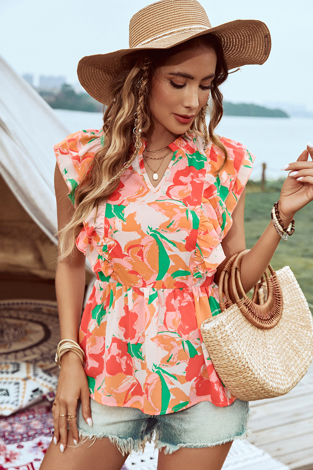Pink Floral Frilled Collar Split Neck Ruffled Sleeve Peplum Top