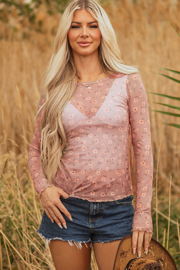 Pink Vintage Floral Print Southern Style Mesh Long Sleeve Top