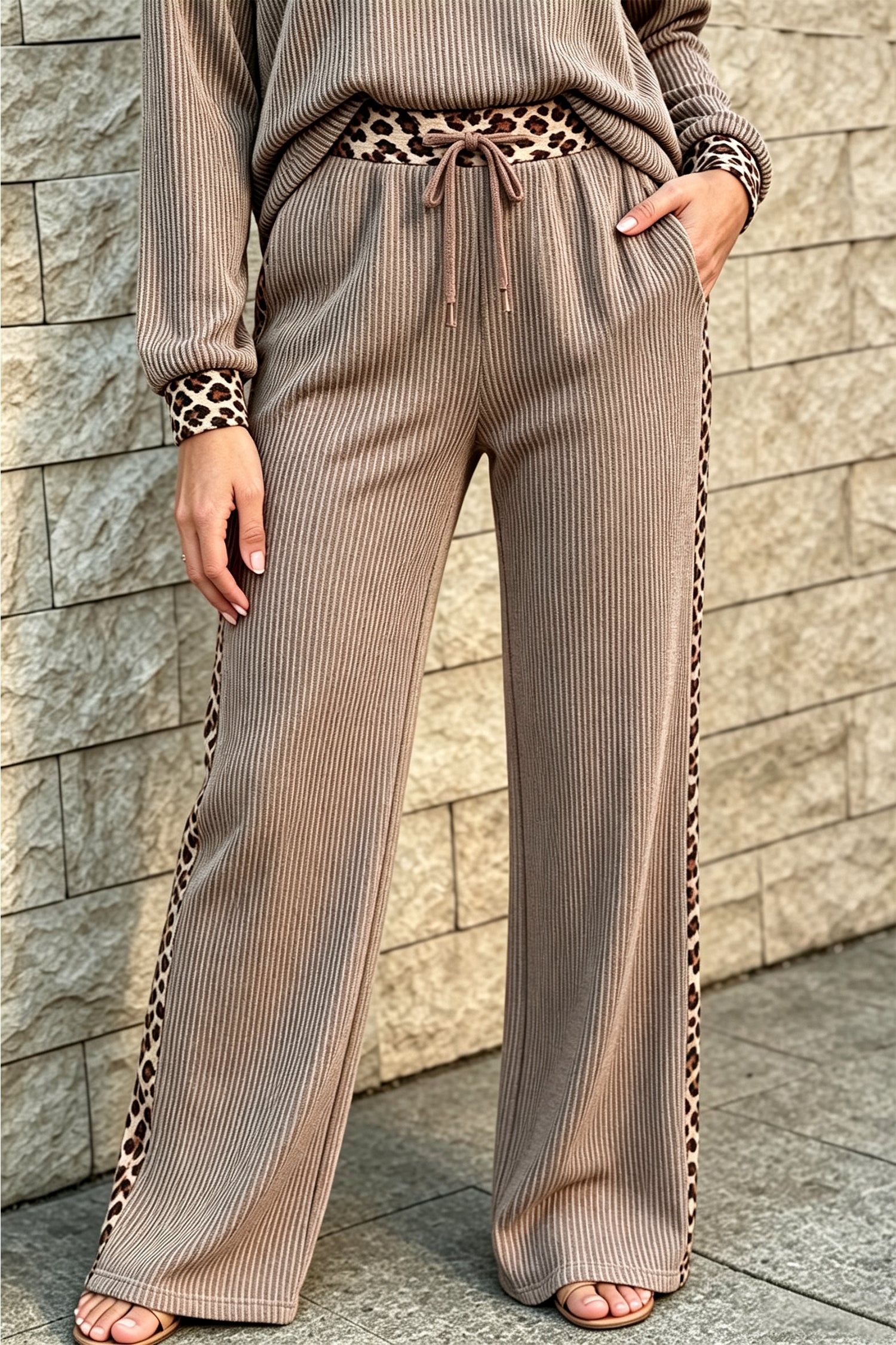 Simply Taupe Cozy Ribbed Patchwork Polka Dot/ Plaid/ Leopard Trim Long Sleeve 2pcs Pant Set