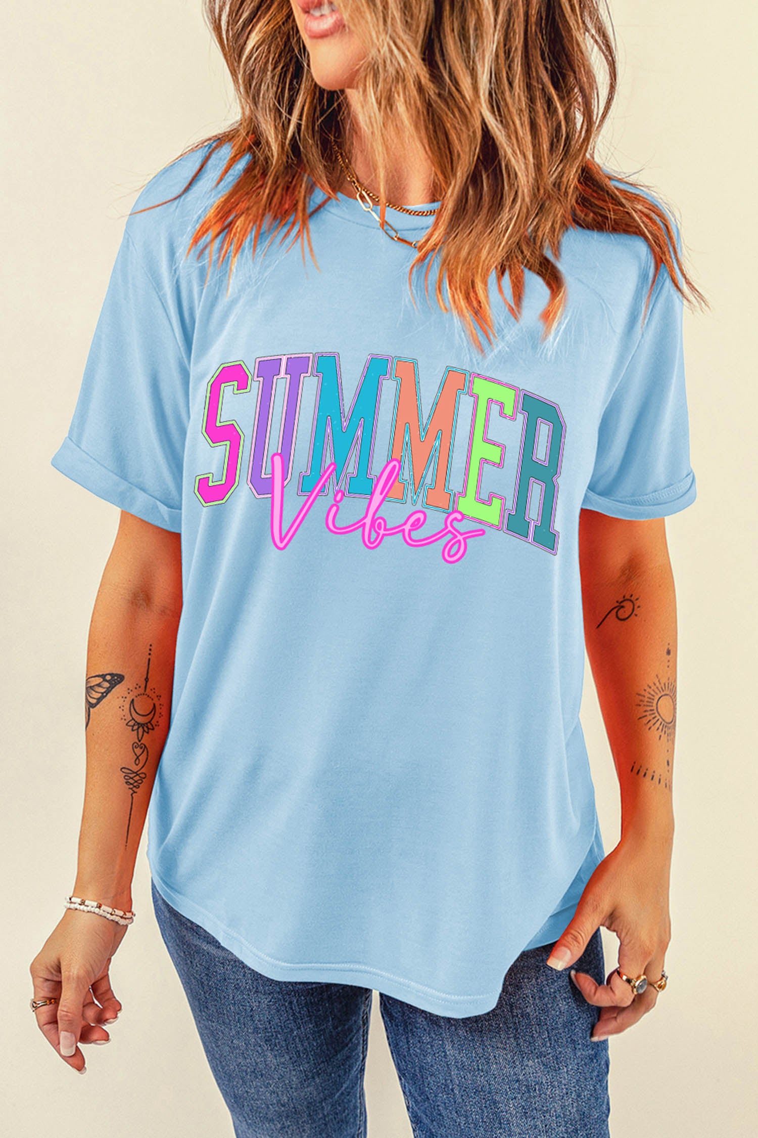Light Blue SUMMER Vibes Letter Print Round Neck Casual T-Shirt