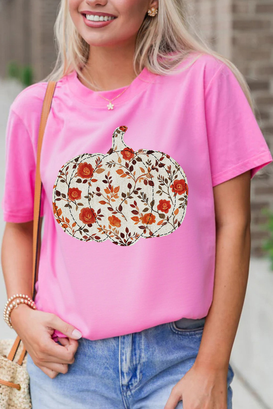 Sachet Pink Floral Pumpkin Graphic Printed Casual Round Neck T Shirt