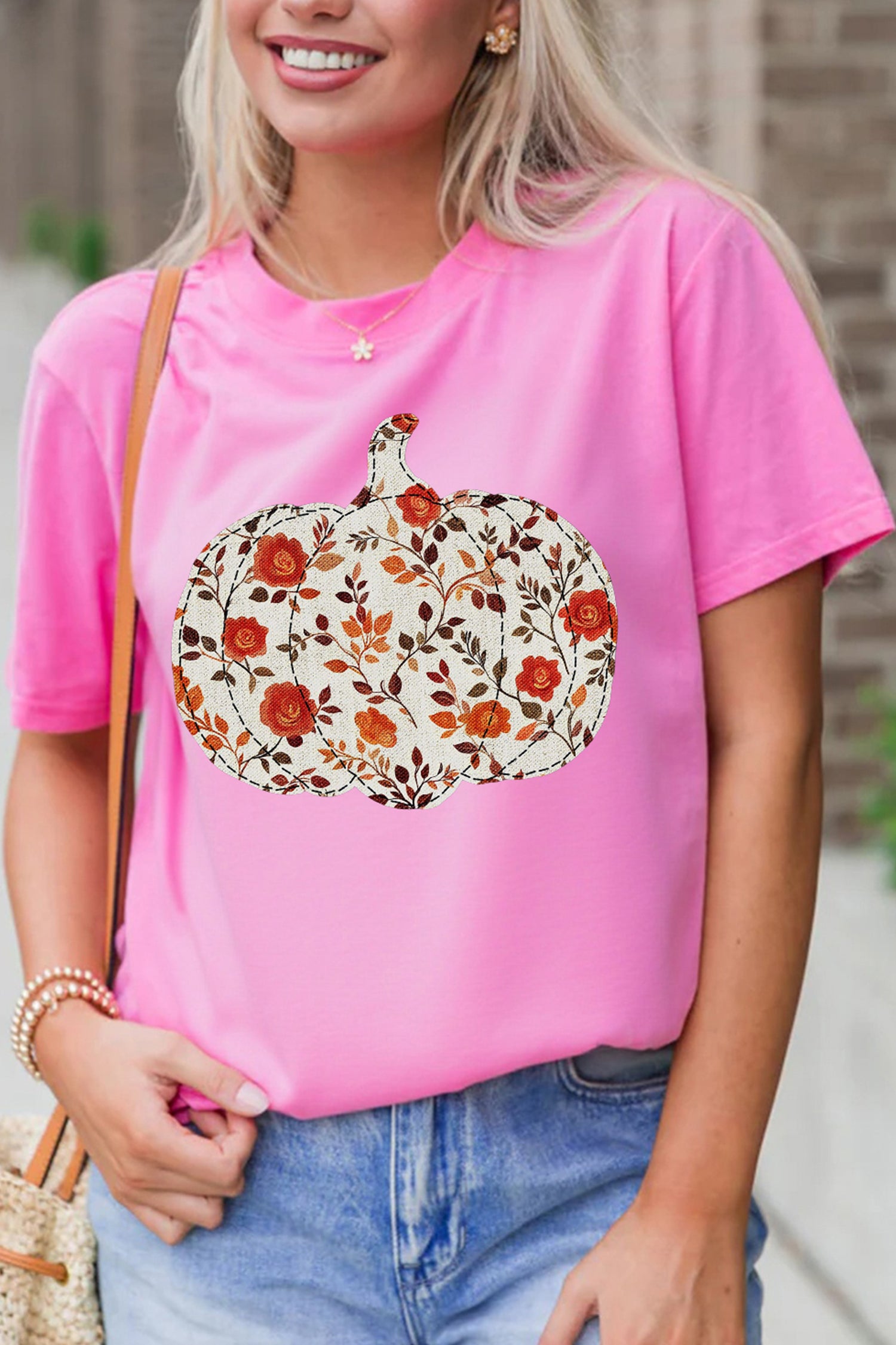 Sachet Pink Floral Pumpkin Graphic Printed Casual Round Neck T Shirt