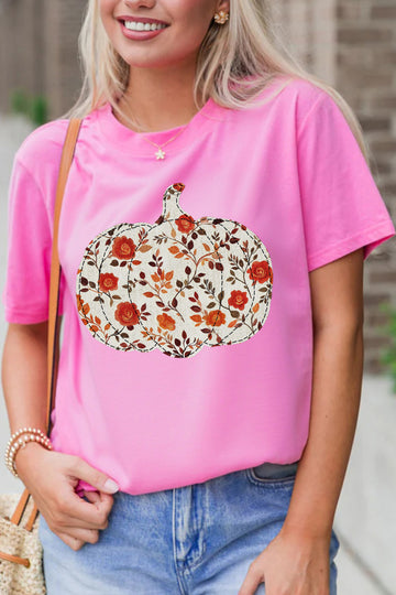 Sachet Pink Floral Pumpkin Graphic Printed Casual Round Neck T Shirt