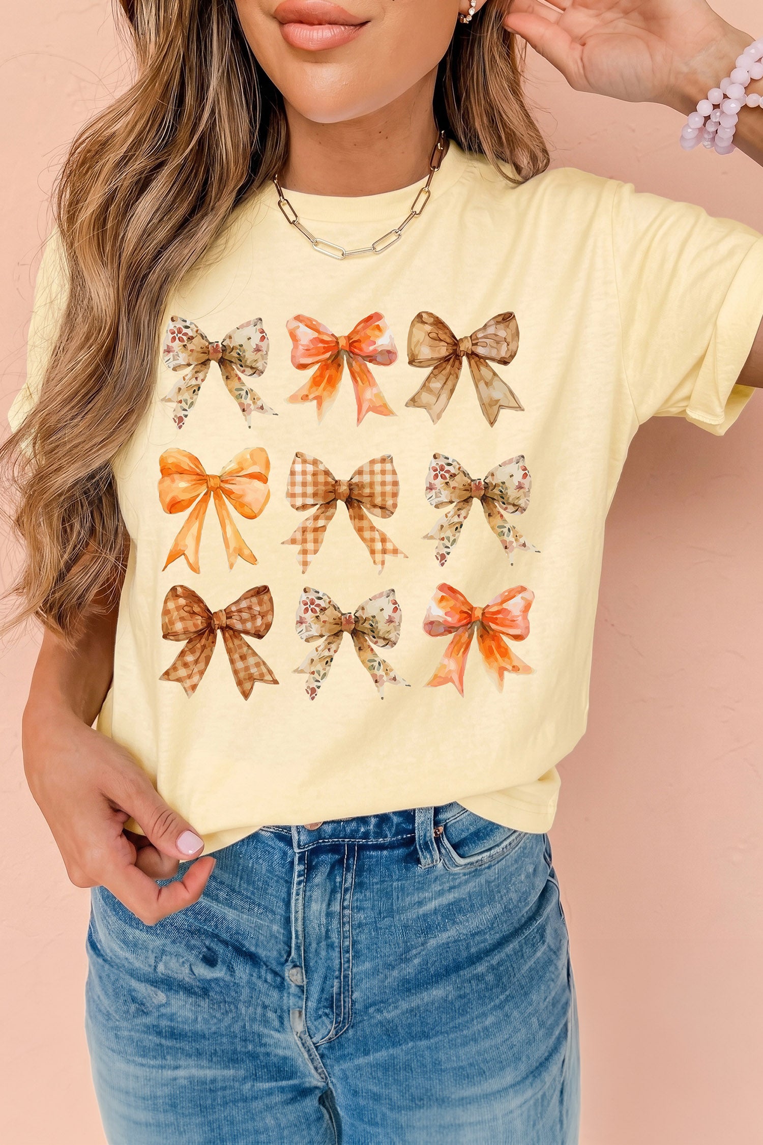 Yellow Cream Diverse Bow Pattern Casual Round Neck Tee