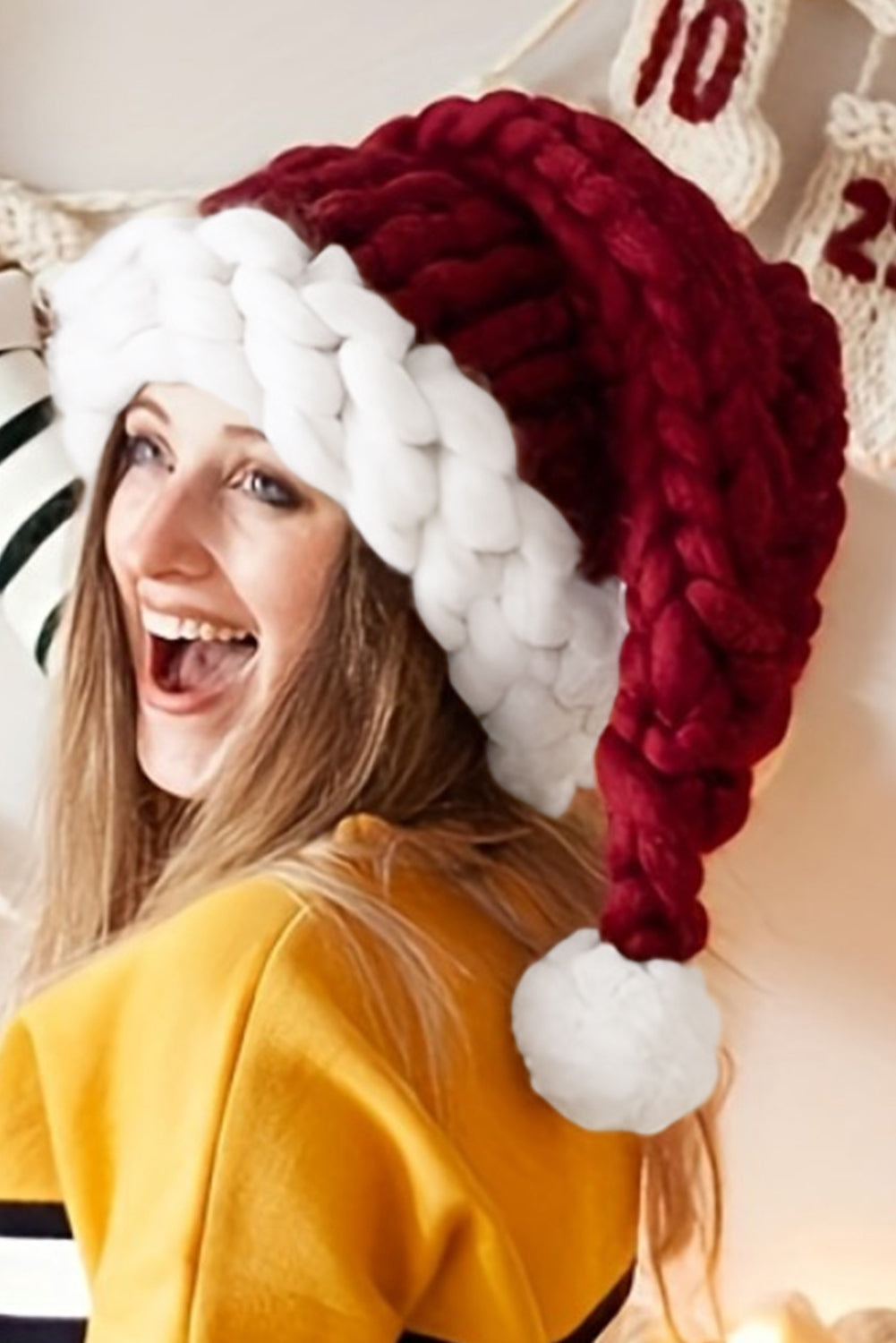 Dearlove Red Dahlia Color Block Pom Pom Decor Chunky Knitted Christmas Hat