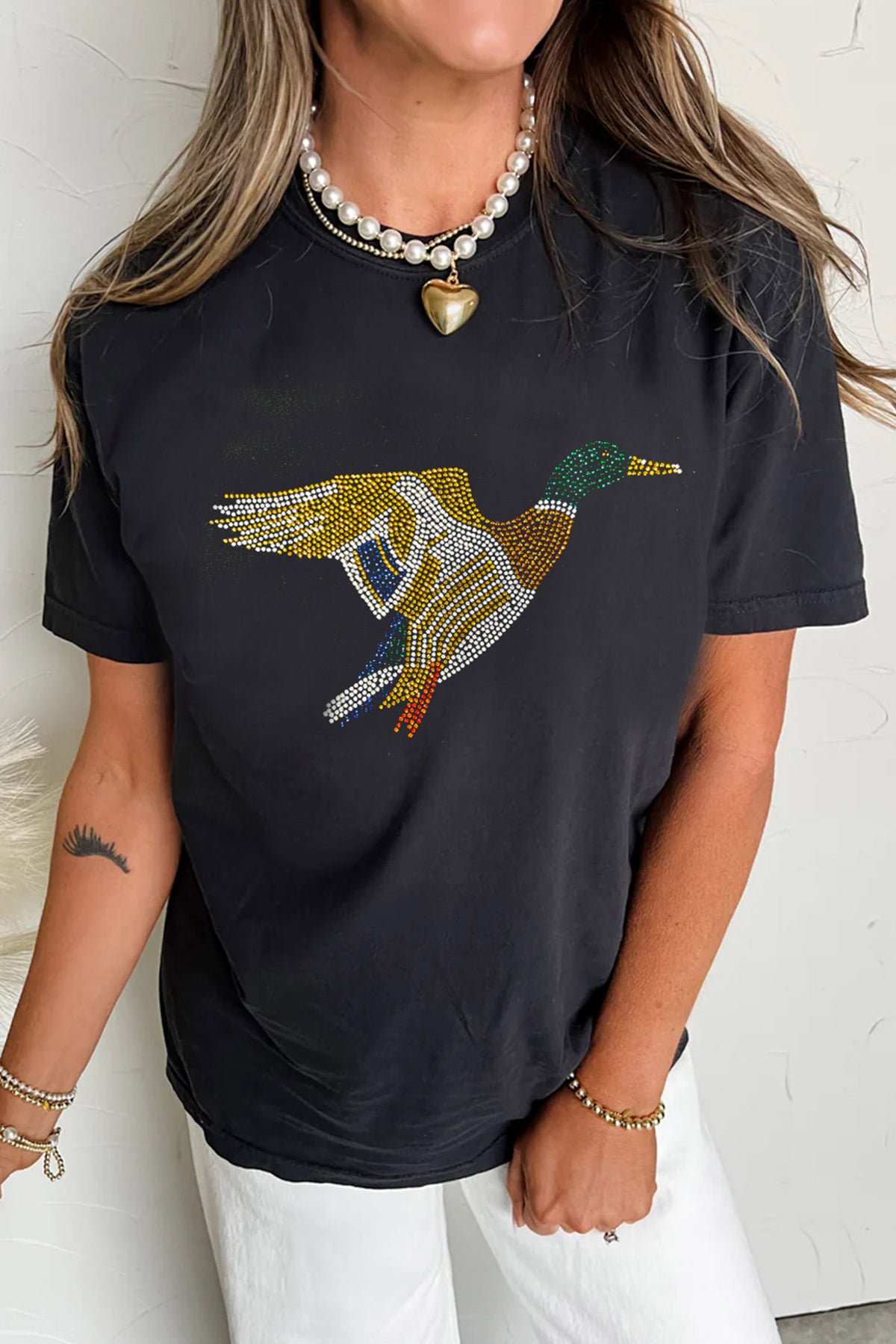 Black Rhinestone Flying Mallard Graphic Casual Round Neck T Shirt