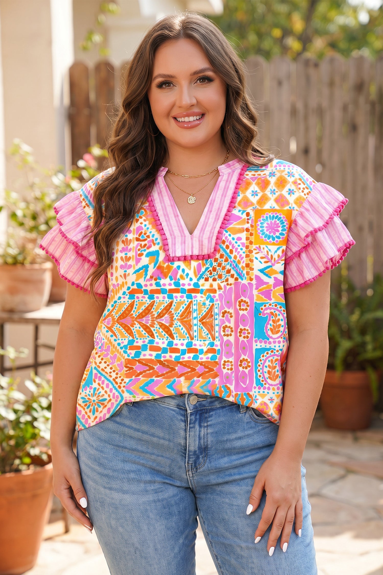 Rose Plus Size Geometric Print Contrast Trim Striped V Neck Blouse