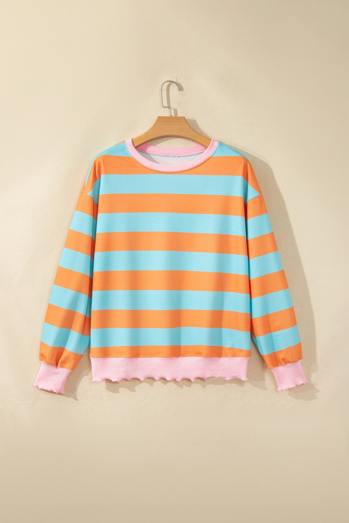 Orange Stripe Ribbed Color Block Trim Round Neck Long Sleeve Shift Top