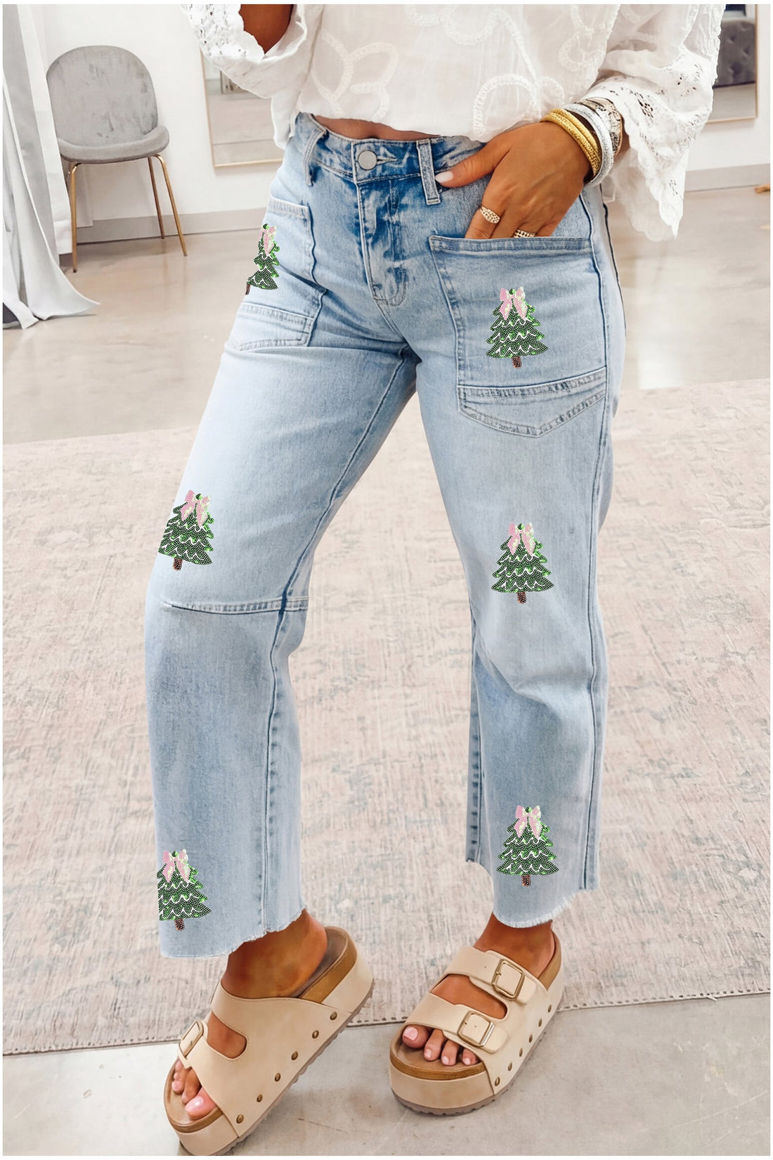 Beau Blue Sequin Christmas Tree Ankle Straight Jeans with Patched Pockets