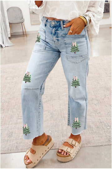 Beau Blue Sequin Christmas Tree Ankle Straight Jeans with Patched Pockets