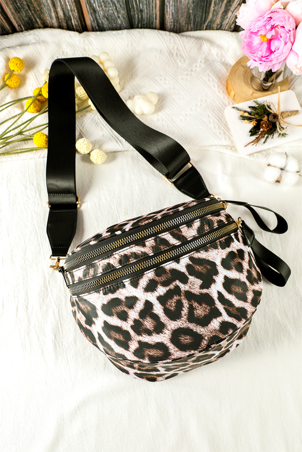 Coffee Leopard Print Double Zip Fashion Crossbody Bag