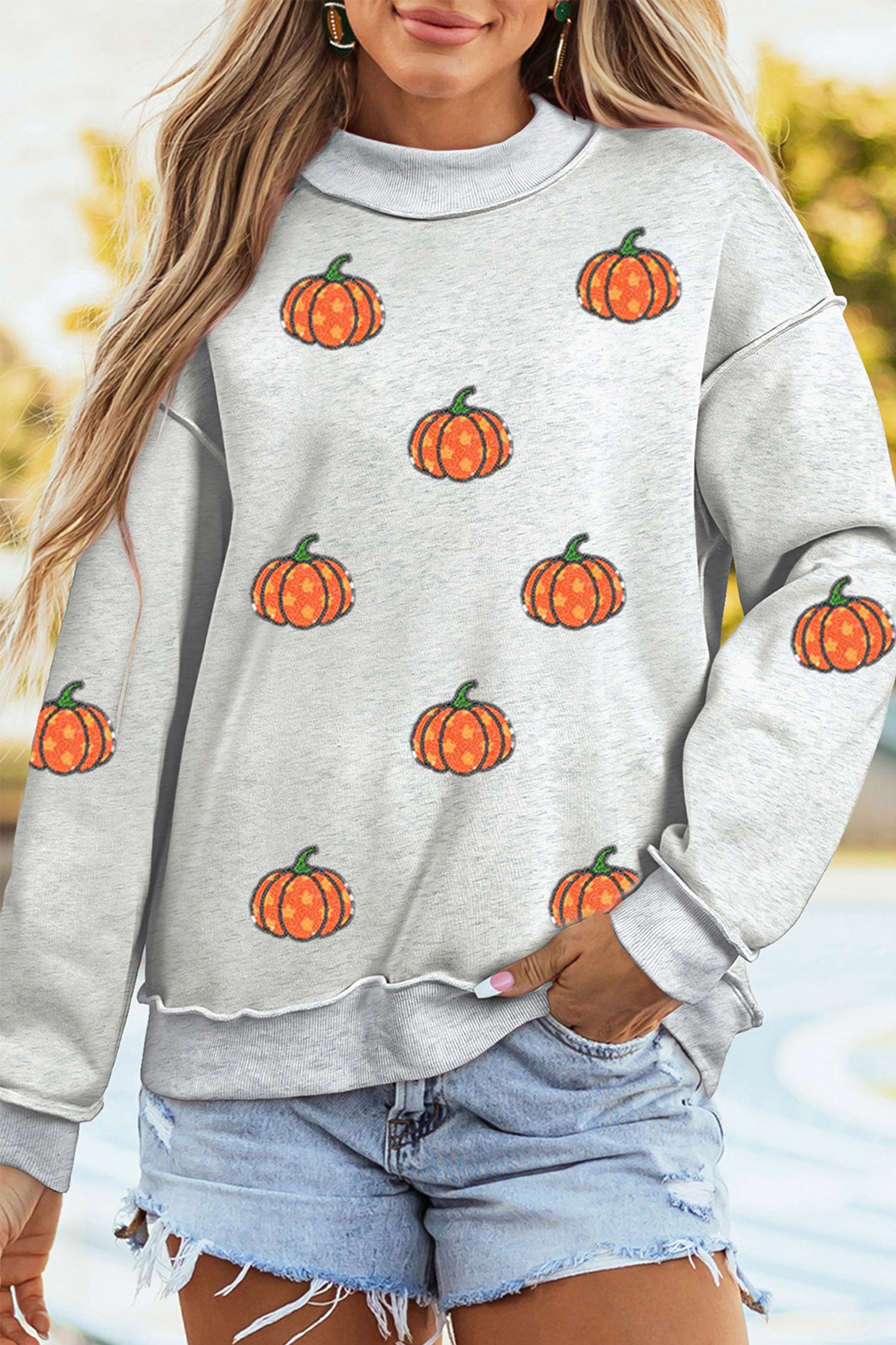 Light Grey Sequin Star Pumpkin Graphic Exposed Seam Mock Neck Sweatshirt