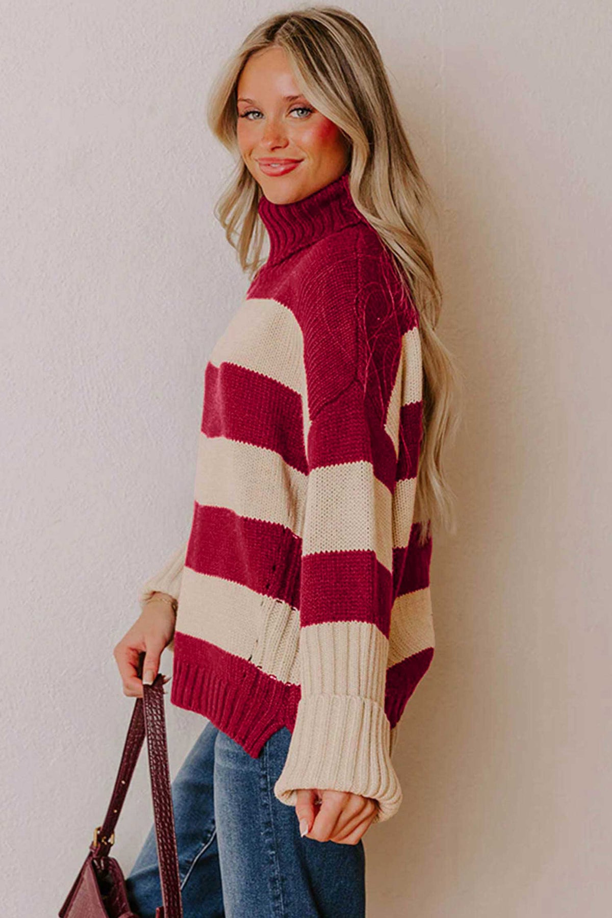 Red Stripe Ribbed Trim High Neck Relaxed Pullover Sweater
