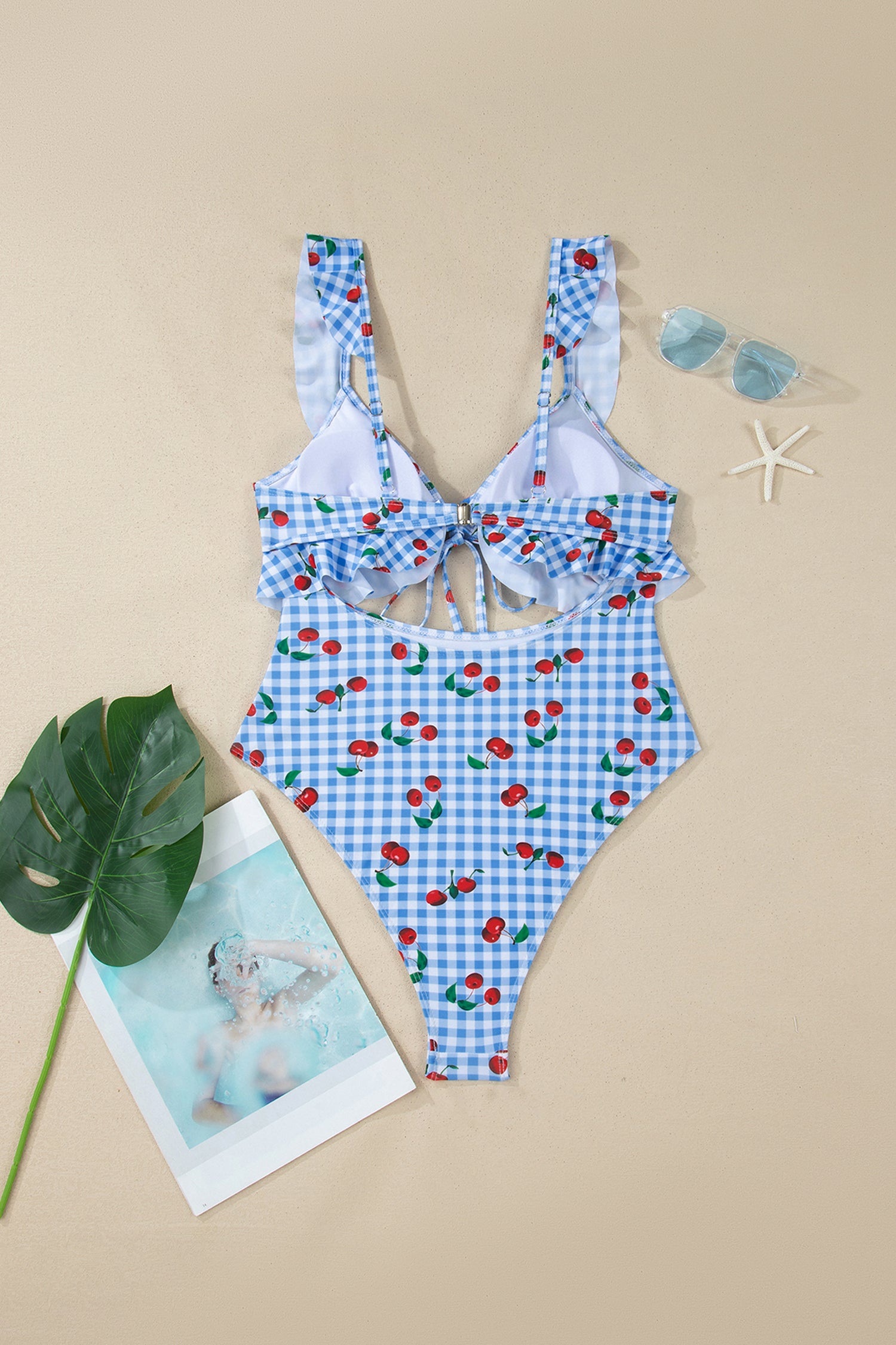 Sky Blue Plaid Cherry Print Ruffle Trim Tie Front Cutout High Waist Monokini