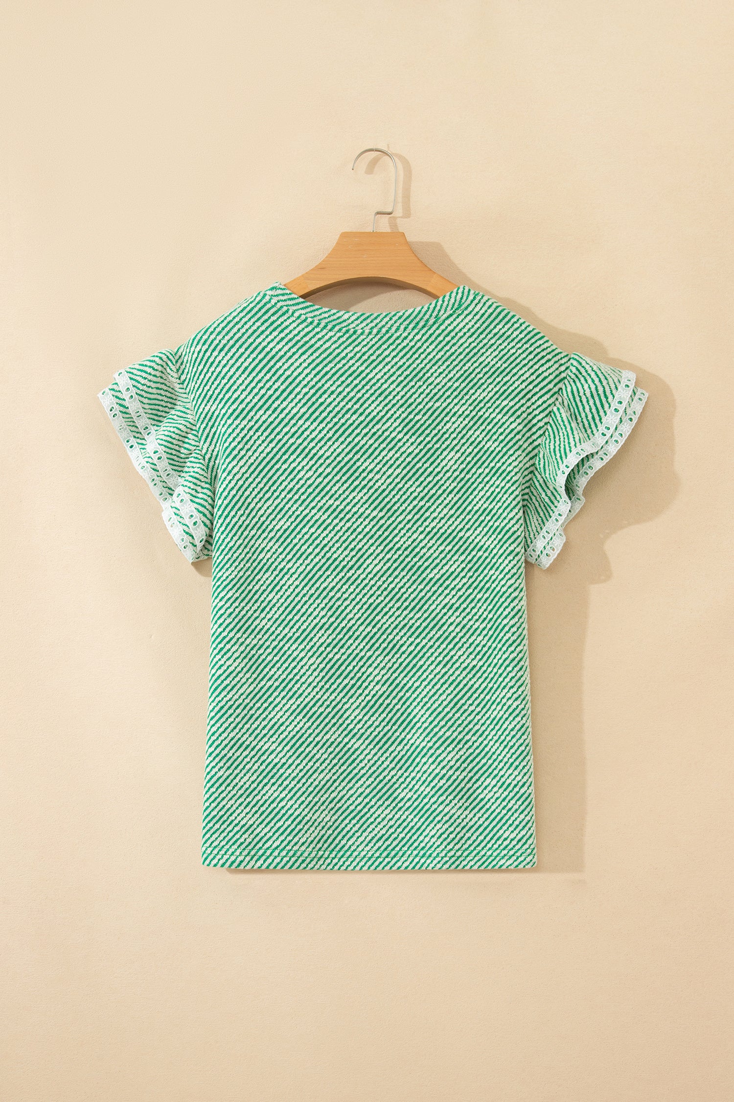 Clearly Aqua Twilled Print Lace Trim Ruffled Short Sleeve Blouse