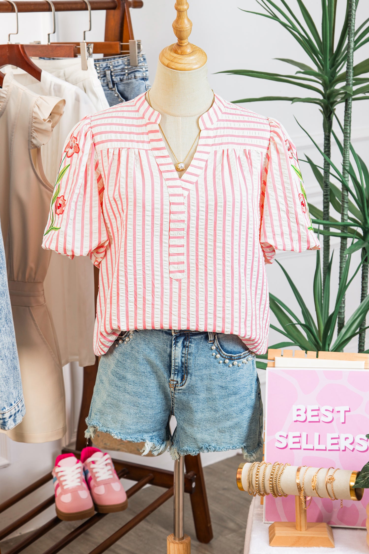 Pink Stripe Print Floral Embroidered Puff Sleeve V Neck Blouse
