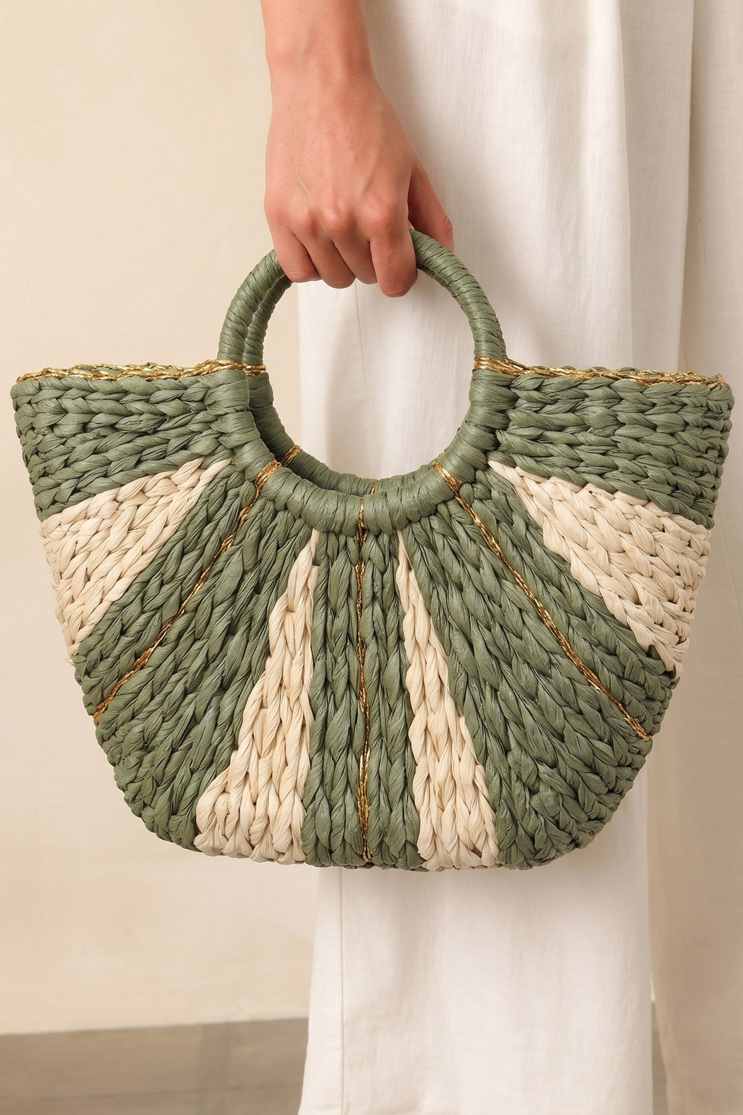 Guacamole Green Gold Trim Color Block Handwoven Straw Tote Bag