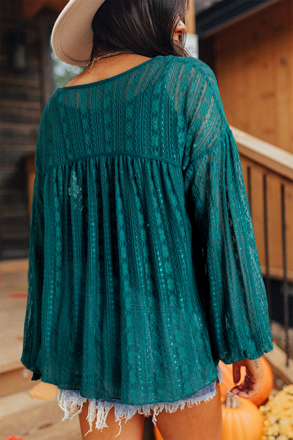 Evergreen Sheer Lace Balloon Sleeve Babydoll Blouse
