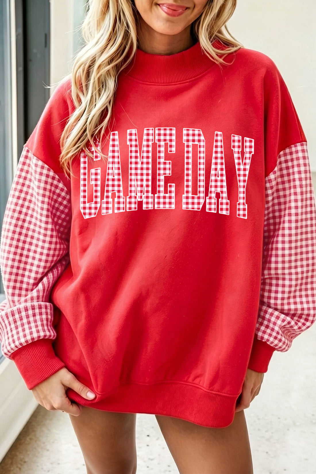 Fiery Red Game Day Plaid Sleeve Mock Neck Sweatshirt