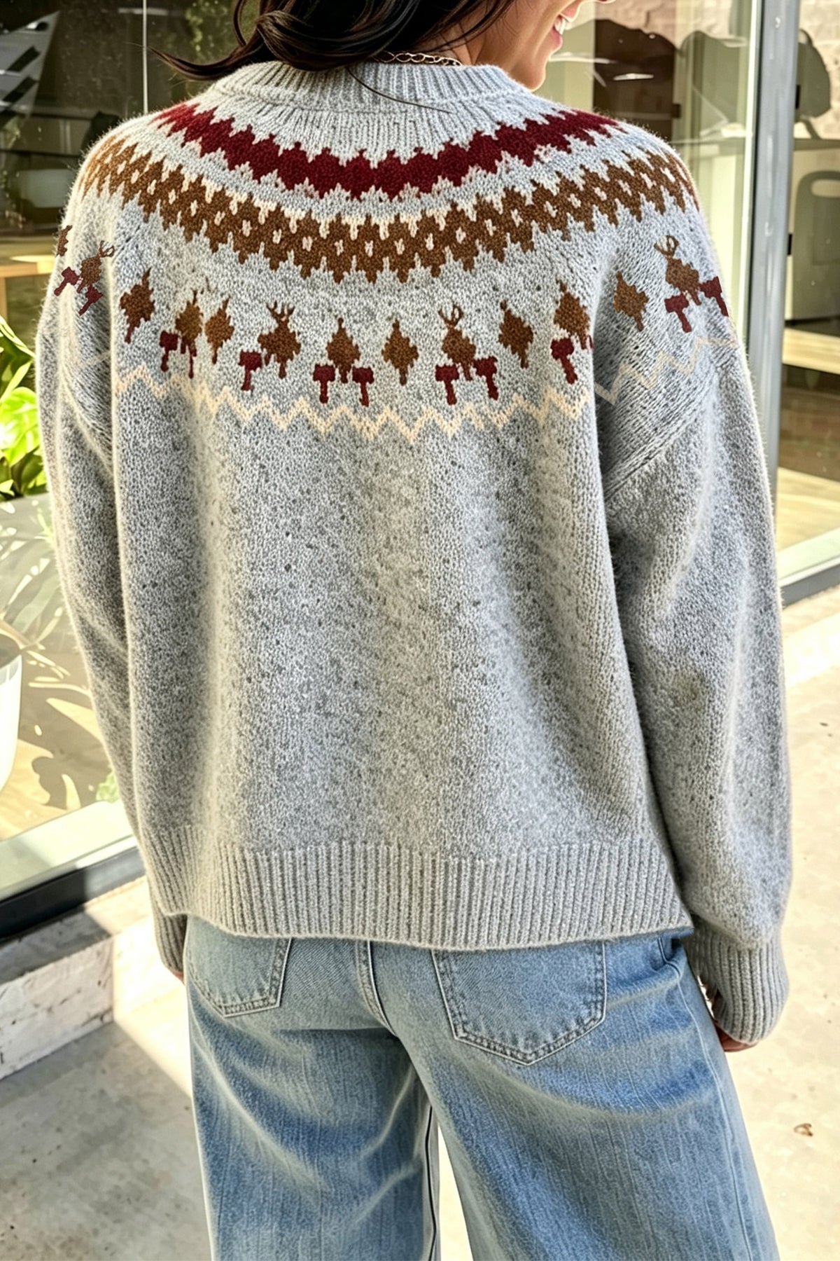Gray Geometric Detail Round Neck Winter Sweater