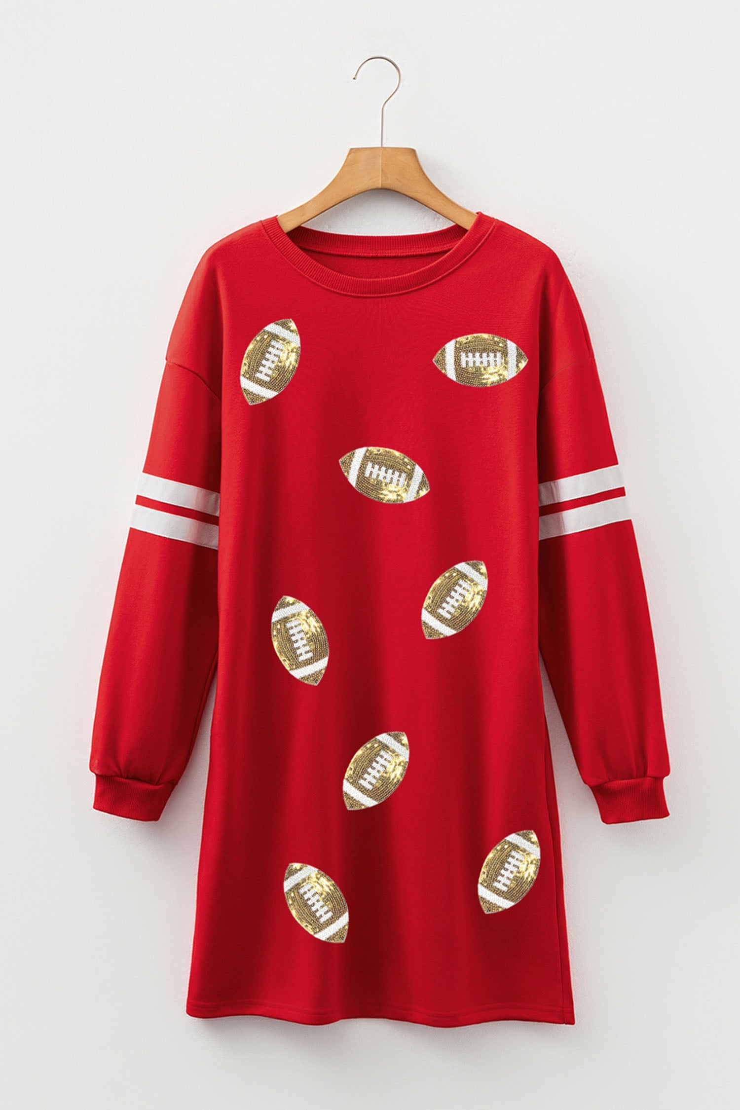 Fiery Red Varsity Striped Sleeve Sequin Rugby Pattern Sweatshirt Dress