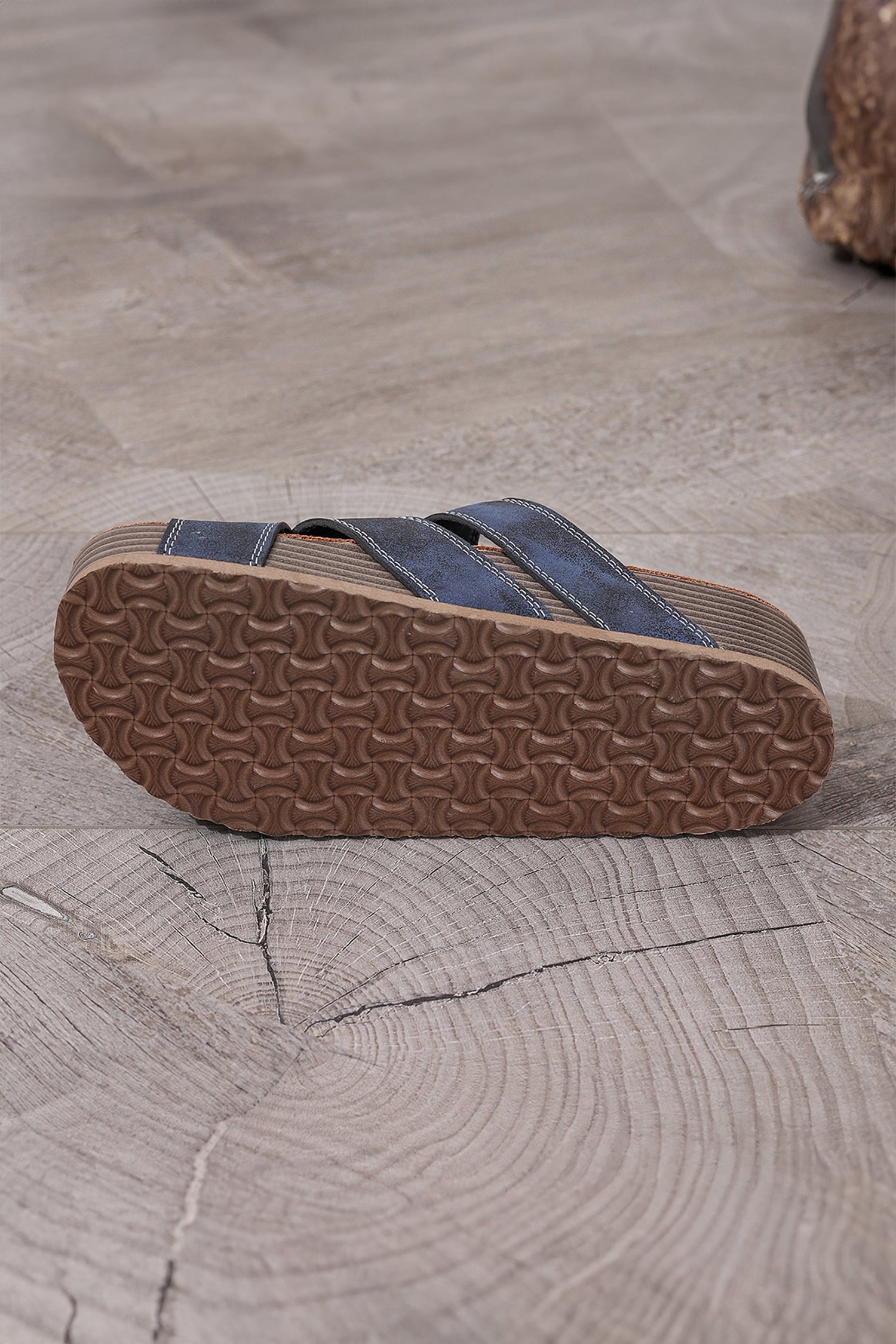 Sail Blue Contrast Stitch Crossed Band Retro Platform Slippers