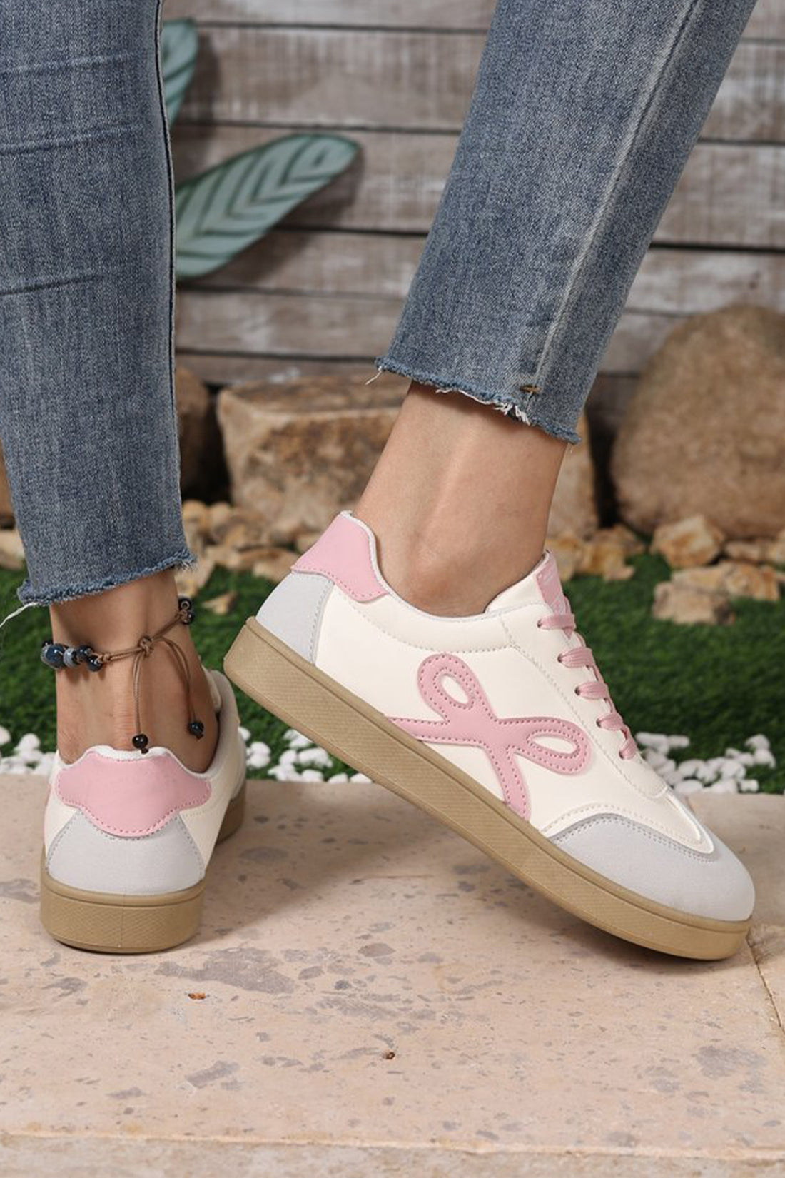 Pink Cute Bow Patch Color Block PU Leather Sneakers