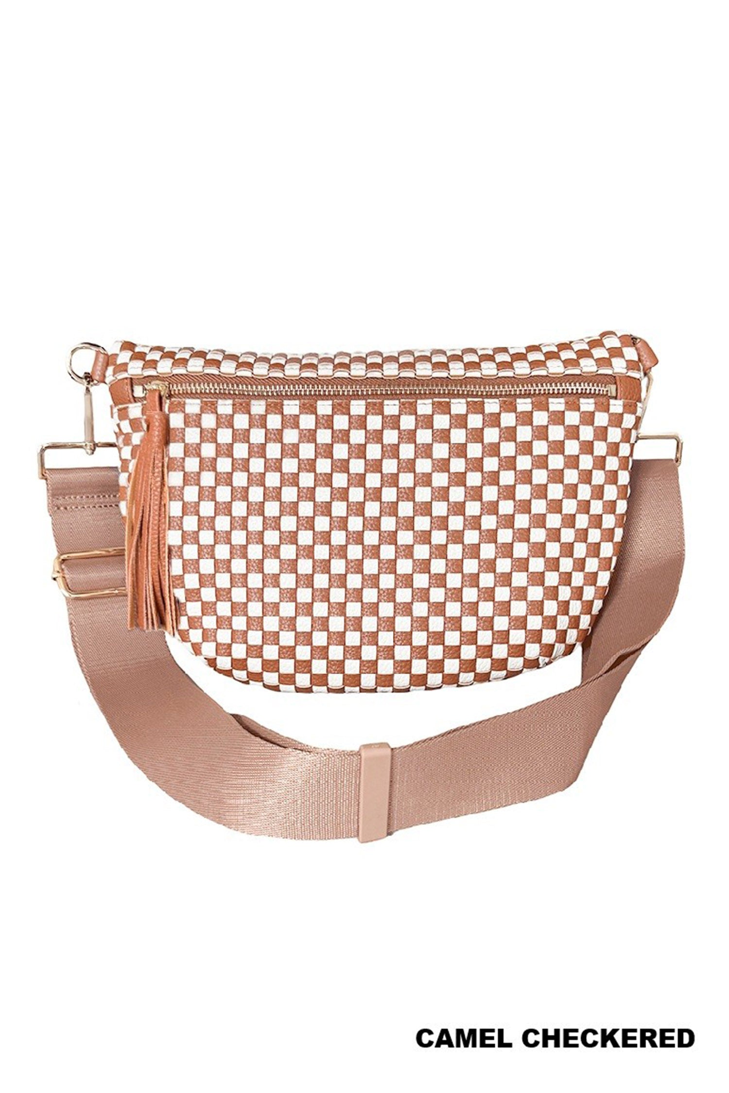 Camel Checkered Woven PU Leather Crossbody Bag Adjustable Strap Large Size