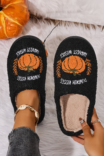 Black Pumpkin Harvest Pattern Cozy Fuzzy House Slippers