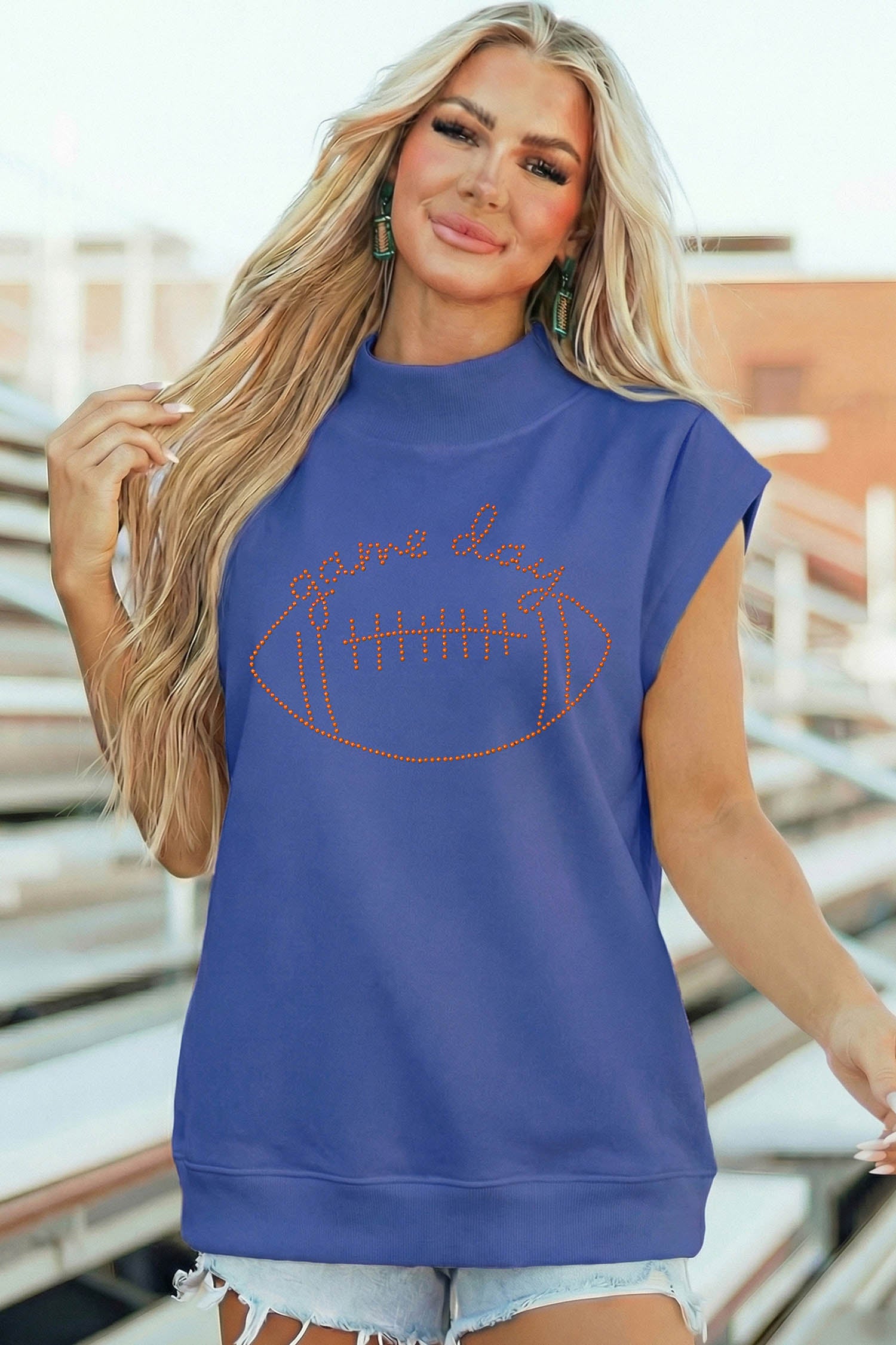 Sky Blue Casual High Neck Short Sleeve Game Day Football Rhinestone Top