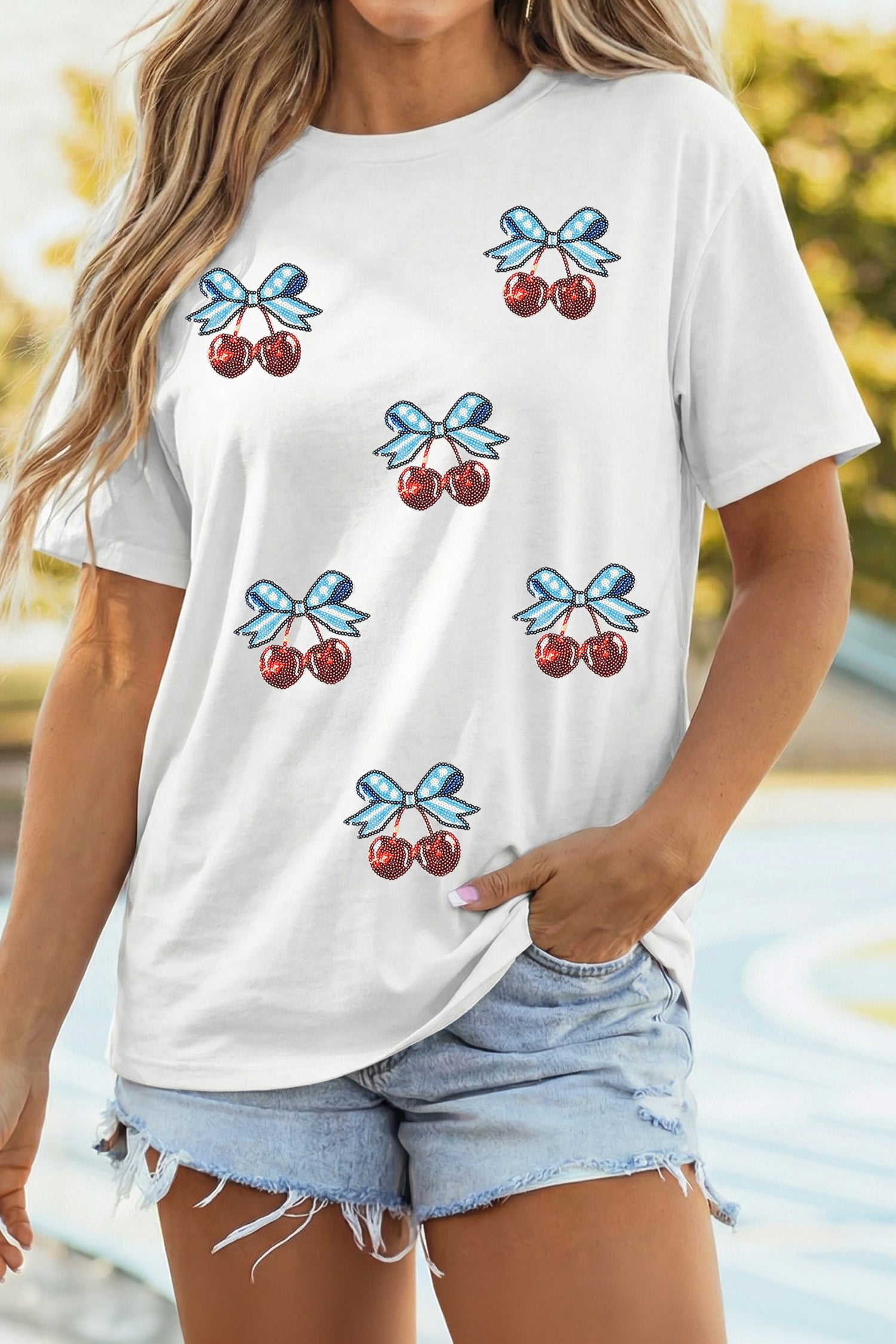 White Coquette Patriotic Cherries Sequin Graphic Tee