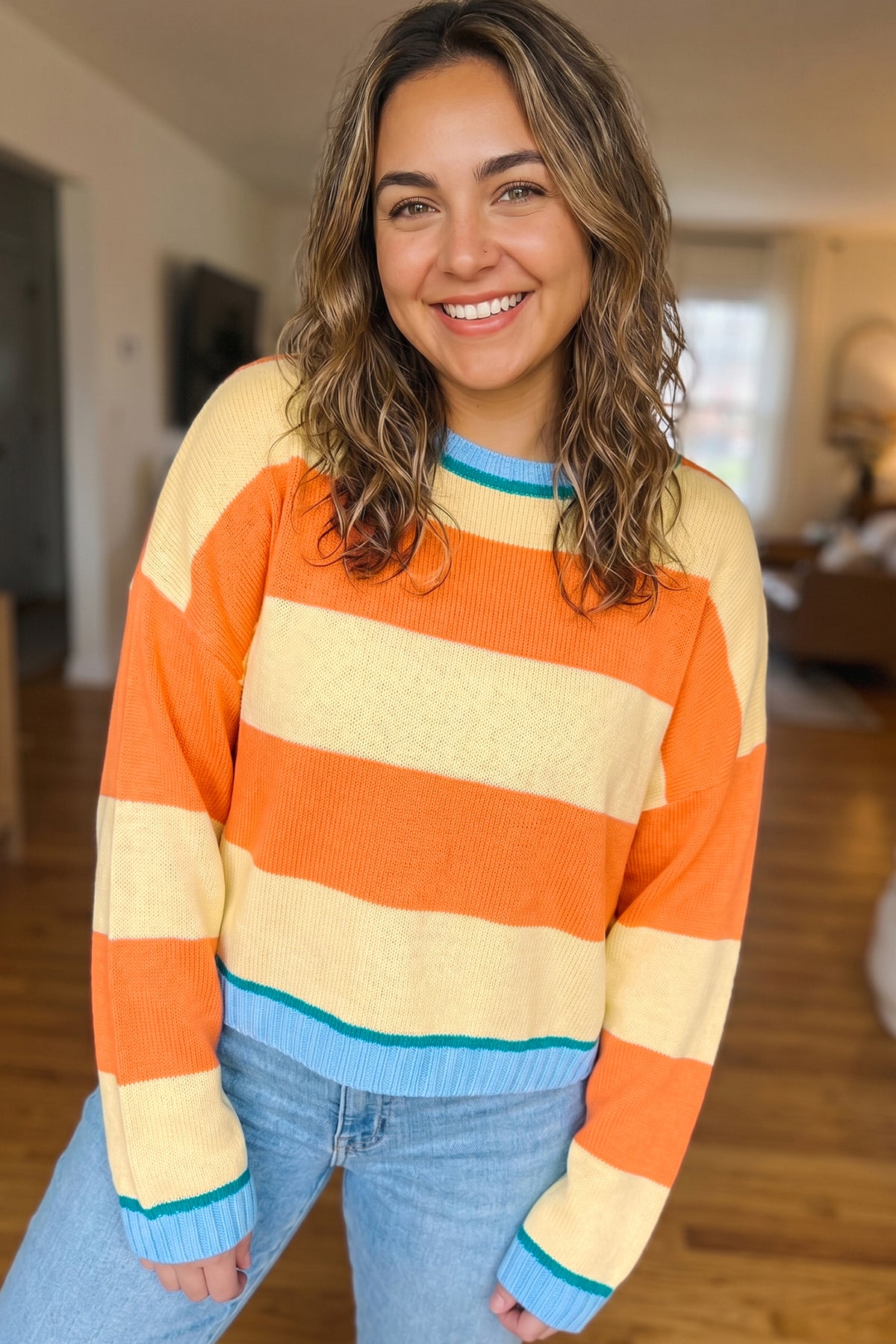 Yellow Stripe Striped Colorblock Round Neck Long Sleeve Oversized Plus Size Sweater