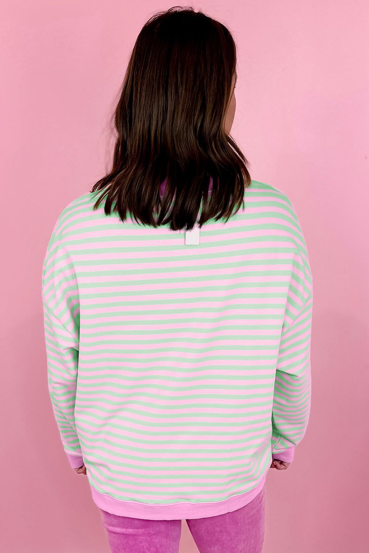 Green Stripe Striped Stand Neck Long Sleeve Sweatshirt