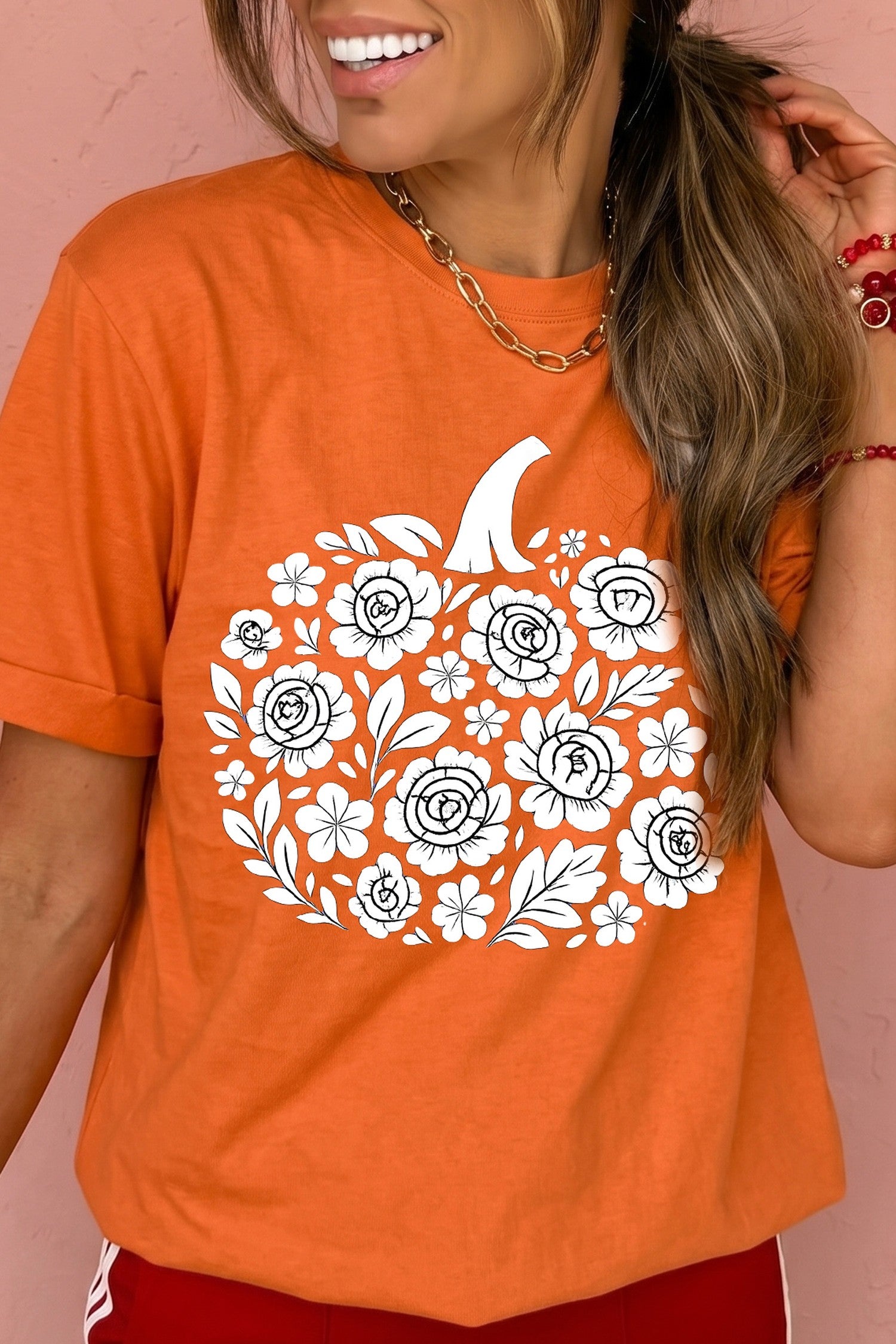 Orange Floral Pumpkin Graphic Cuffed Sleeve Casual T Shirt