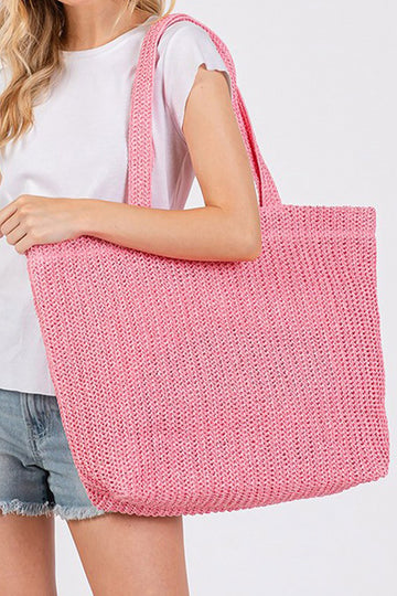 Pink Solid Color Straw Woven Summer Beach Tote Bag