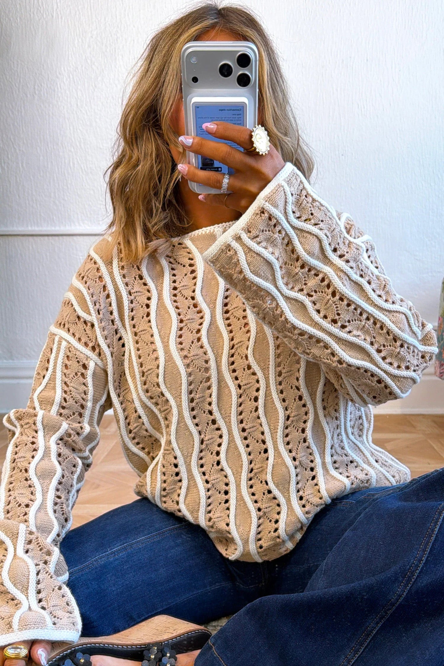 Khaki Wavy Detail Hollow Out Knit Long Sleeve Cotton Pullover Sweater