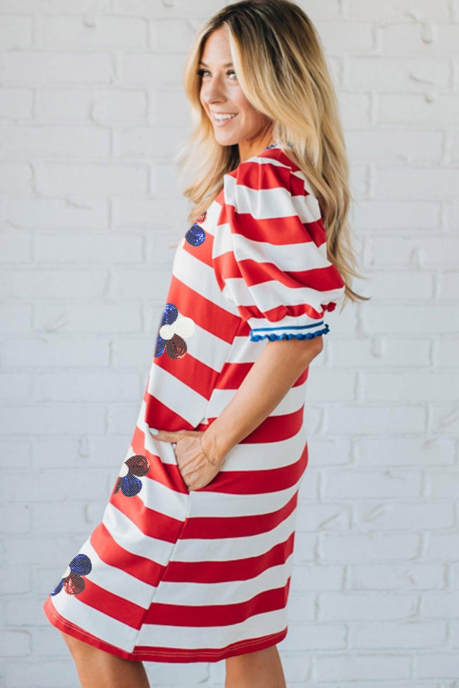 Red Stripe Patriotic Sequin Flowers Short Puff Sleeve T Shirt Shift Dress