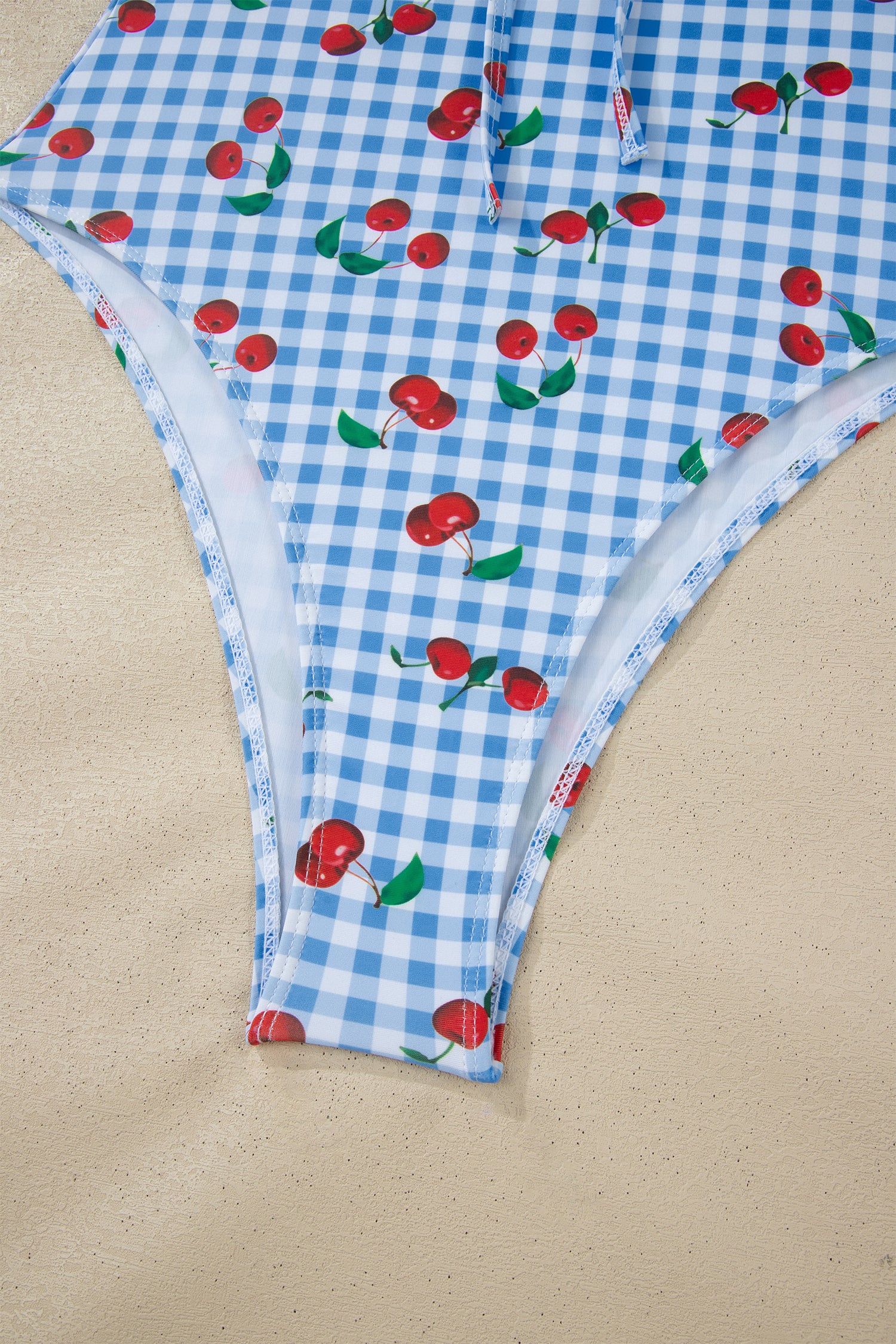 Sky Blue Plaid Cherry Print Ruffle Trim Tie Front Cutout High Waist Monokini