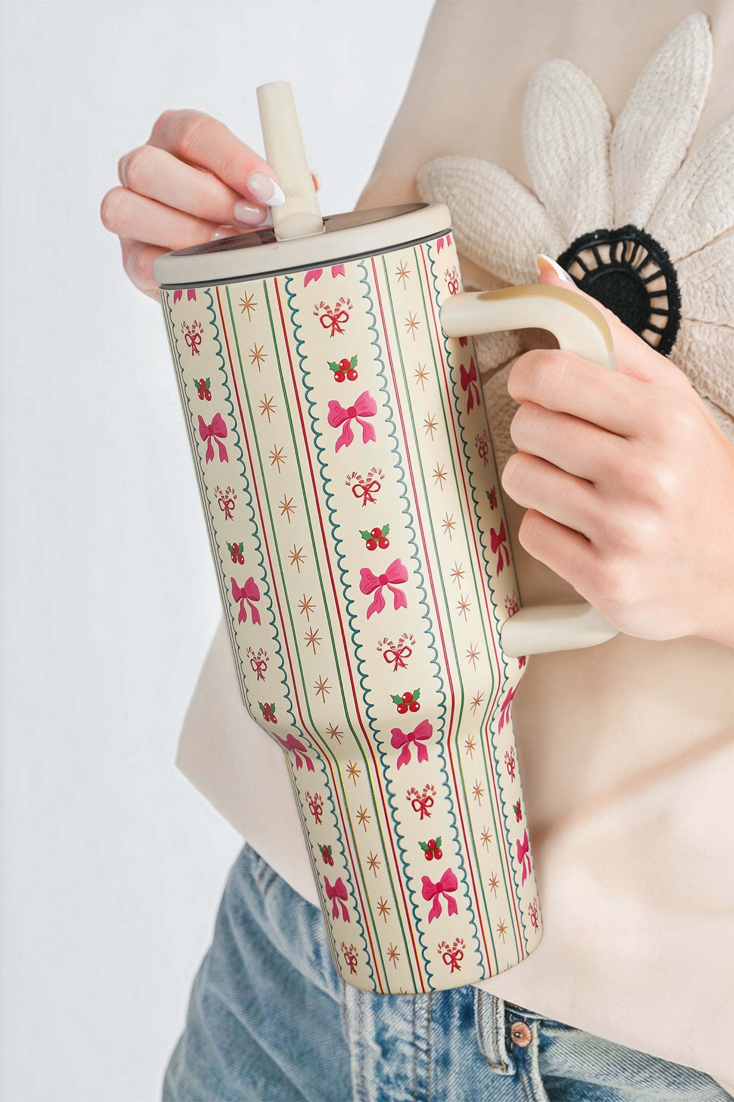 White Holly Jolly Bow Striped Print Flip Straw Tumbler