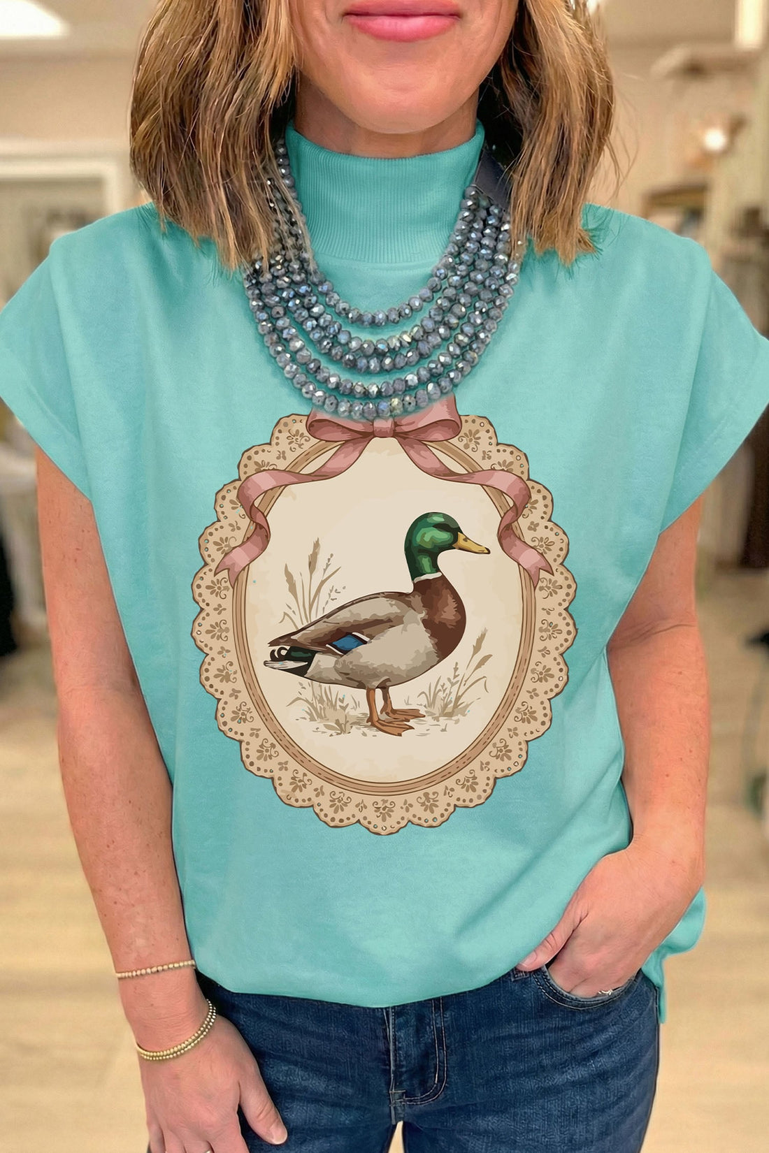 Mint Green Retro Duck Print High Neck Short Sleeve Tunic Top