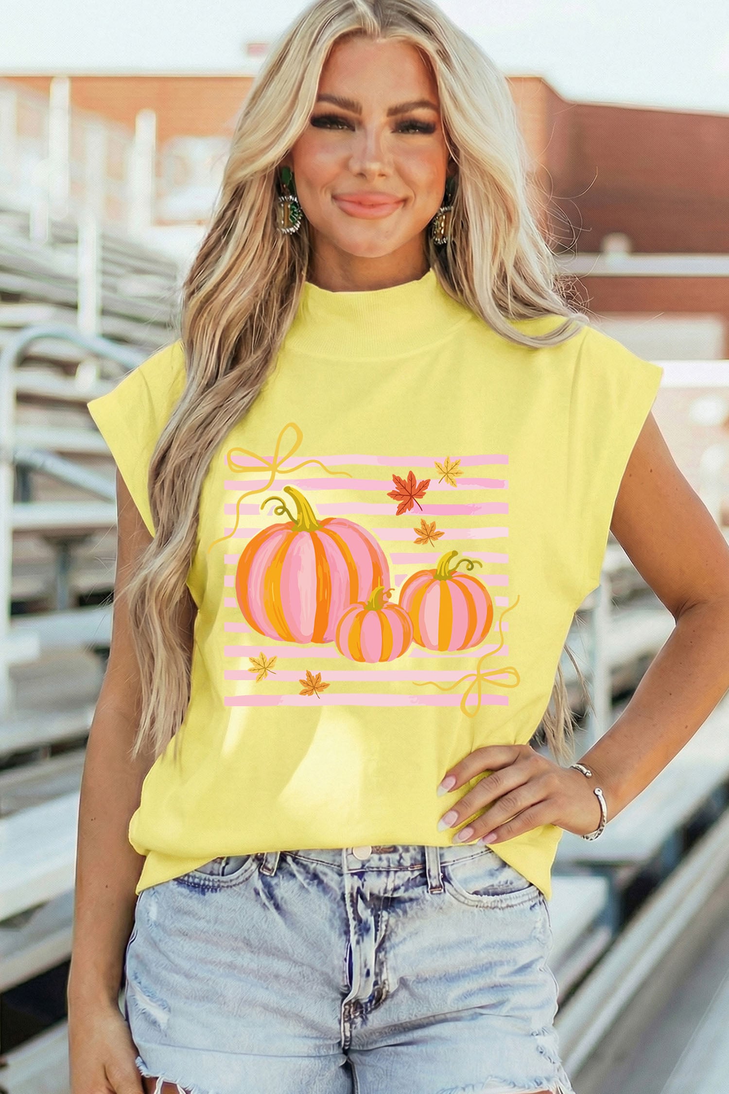 Yellow Pumpkin Striped Print High Neck Cap Sleeve Top