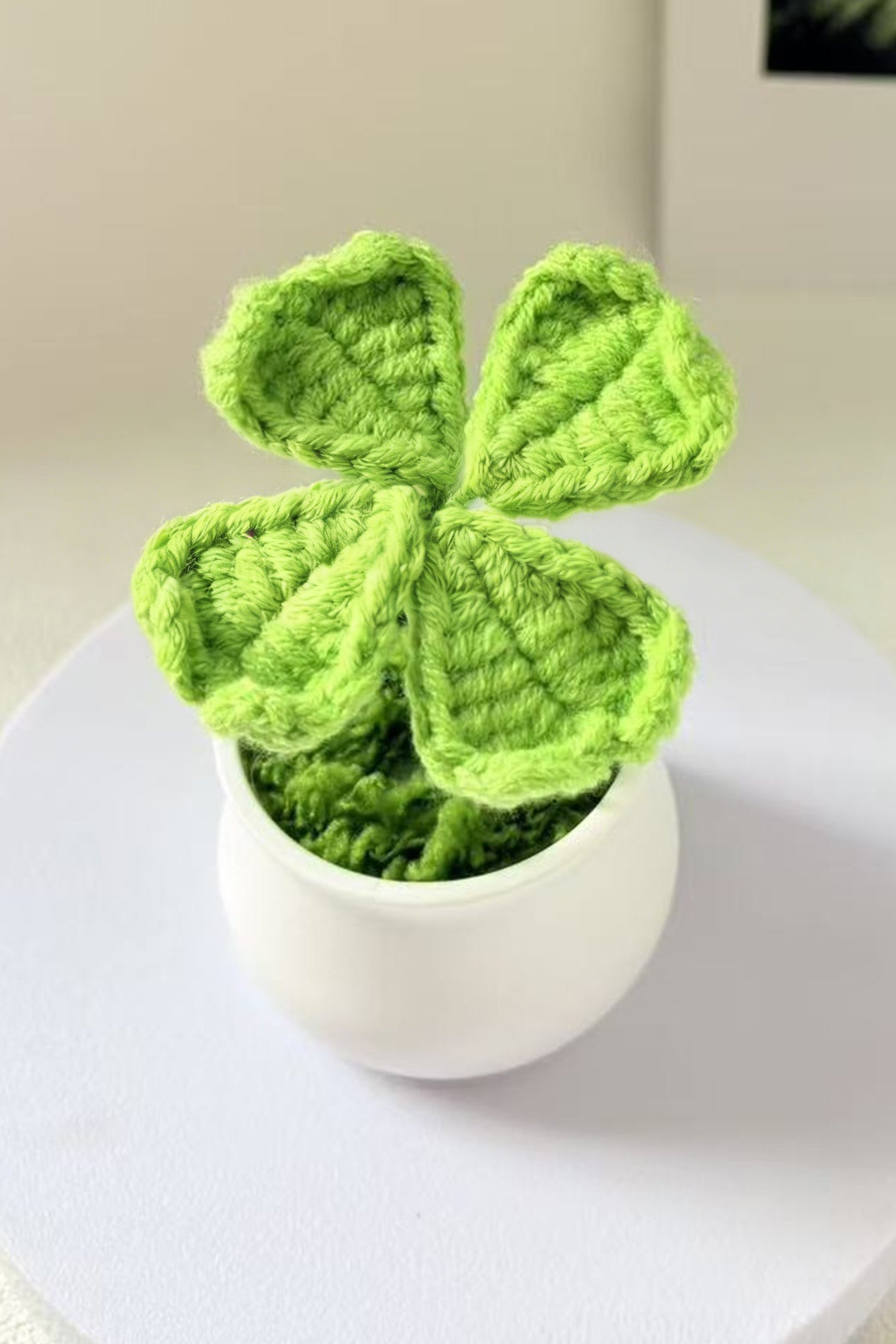 Light Green Handmade Crochet Four Leaf Clover Potted Plant Decoration