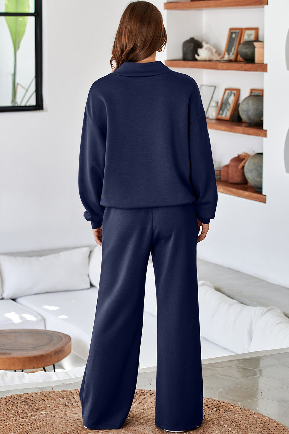 Navy Blue Solid Color Cowl Neck Drawstring Pullover Wide Leg Athleisure Pants Set