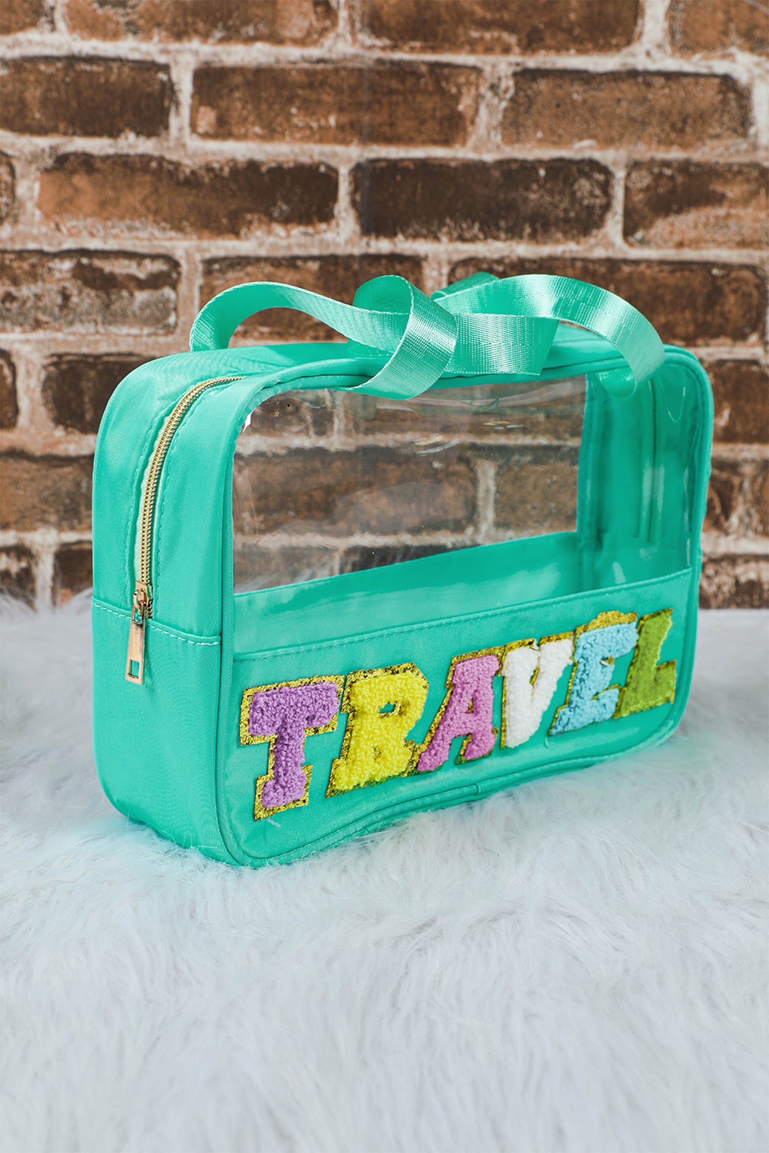 Mint Green TRAVEL Chenille Letter Clear PVC Makeup Bag